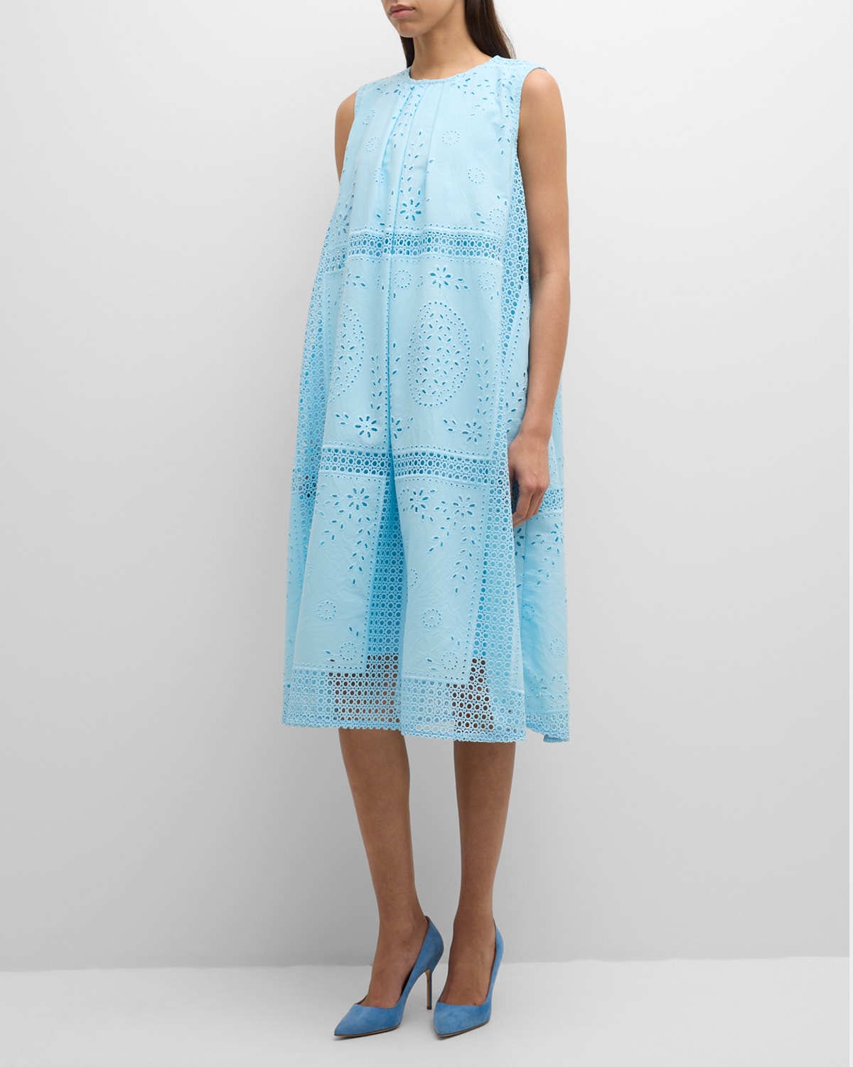Shop Misook Eyelet-embroidered Trapeze Midi Dress In Caribbean Mist