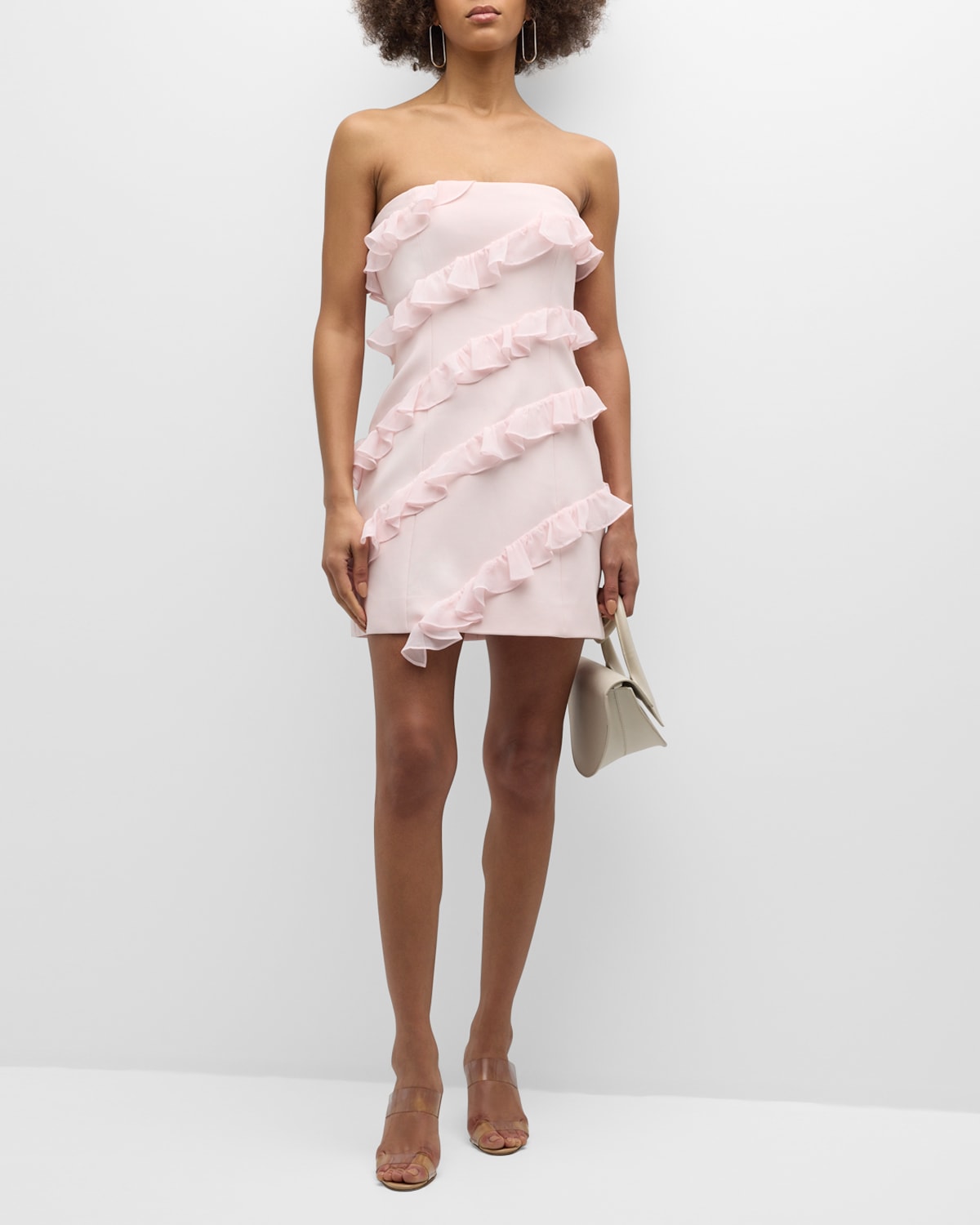 Cinq À Sept Ninette Strapless Asymmetric-ruffle Mini Dress In Icy Pink