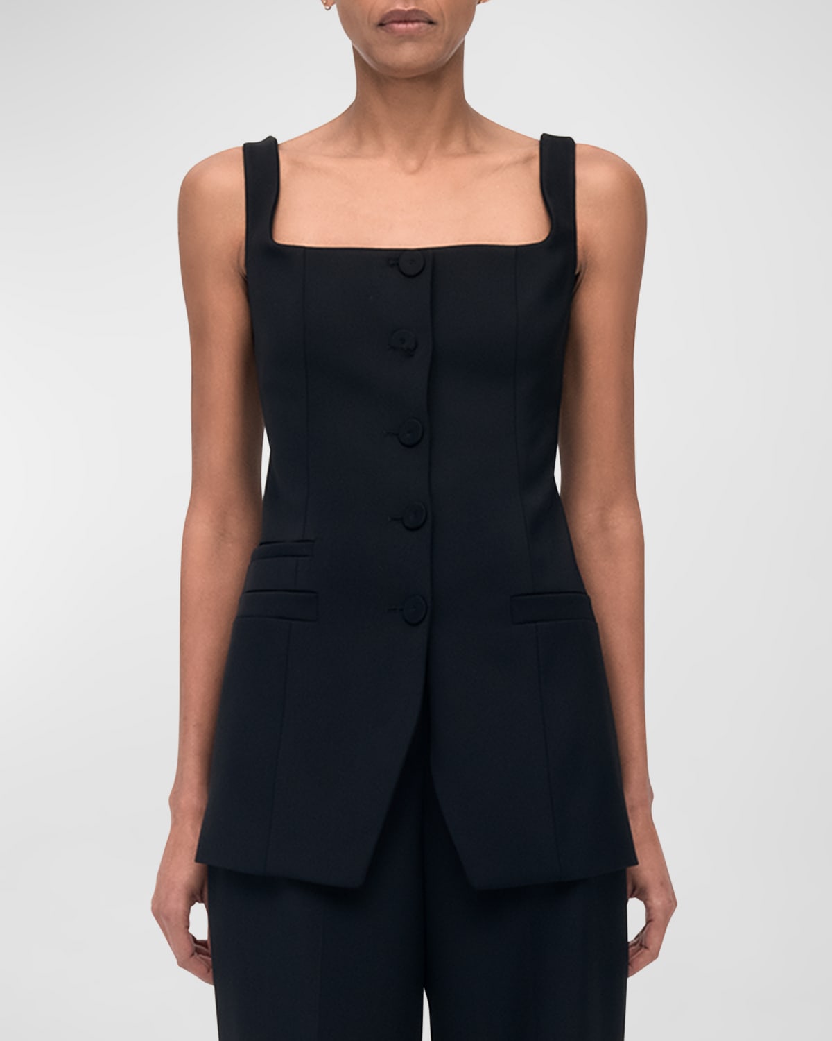 Shop Another Tomorrow Square-neck Buttoned Top In Black