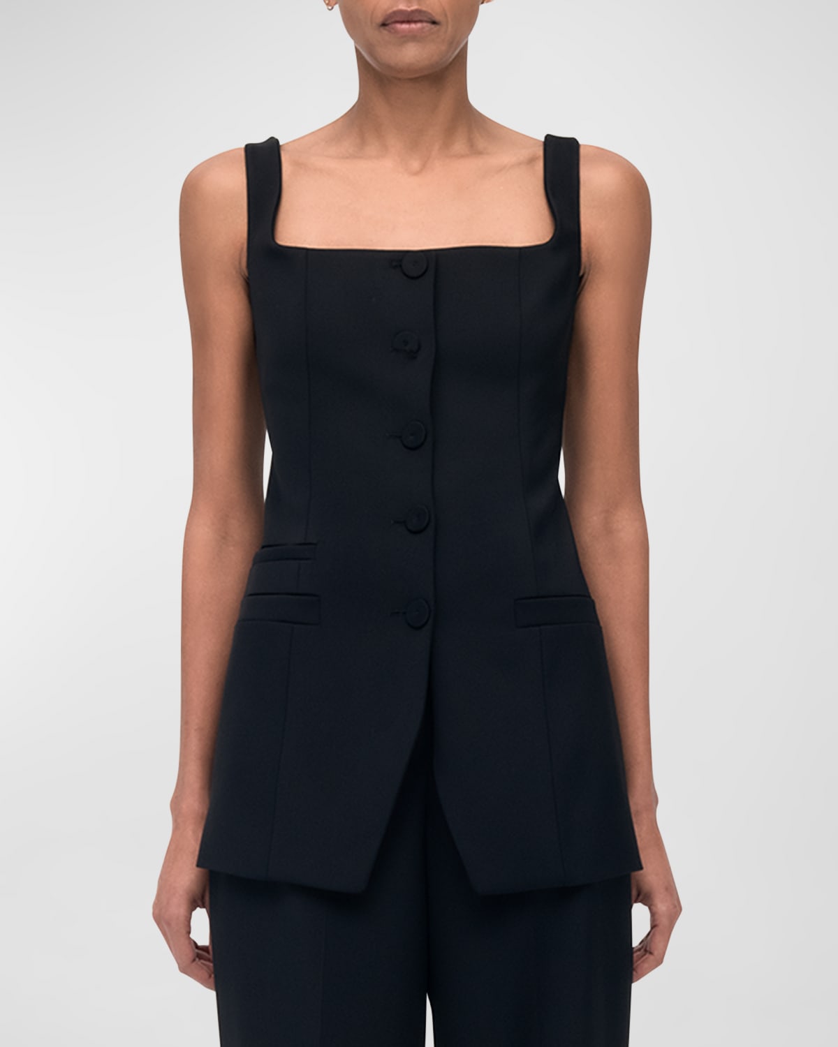 Another Tomorrow Square-neck Buttoned Top In Black