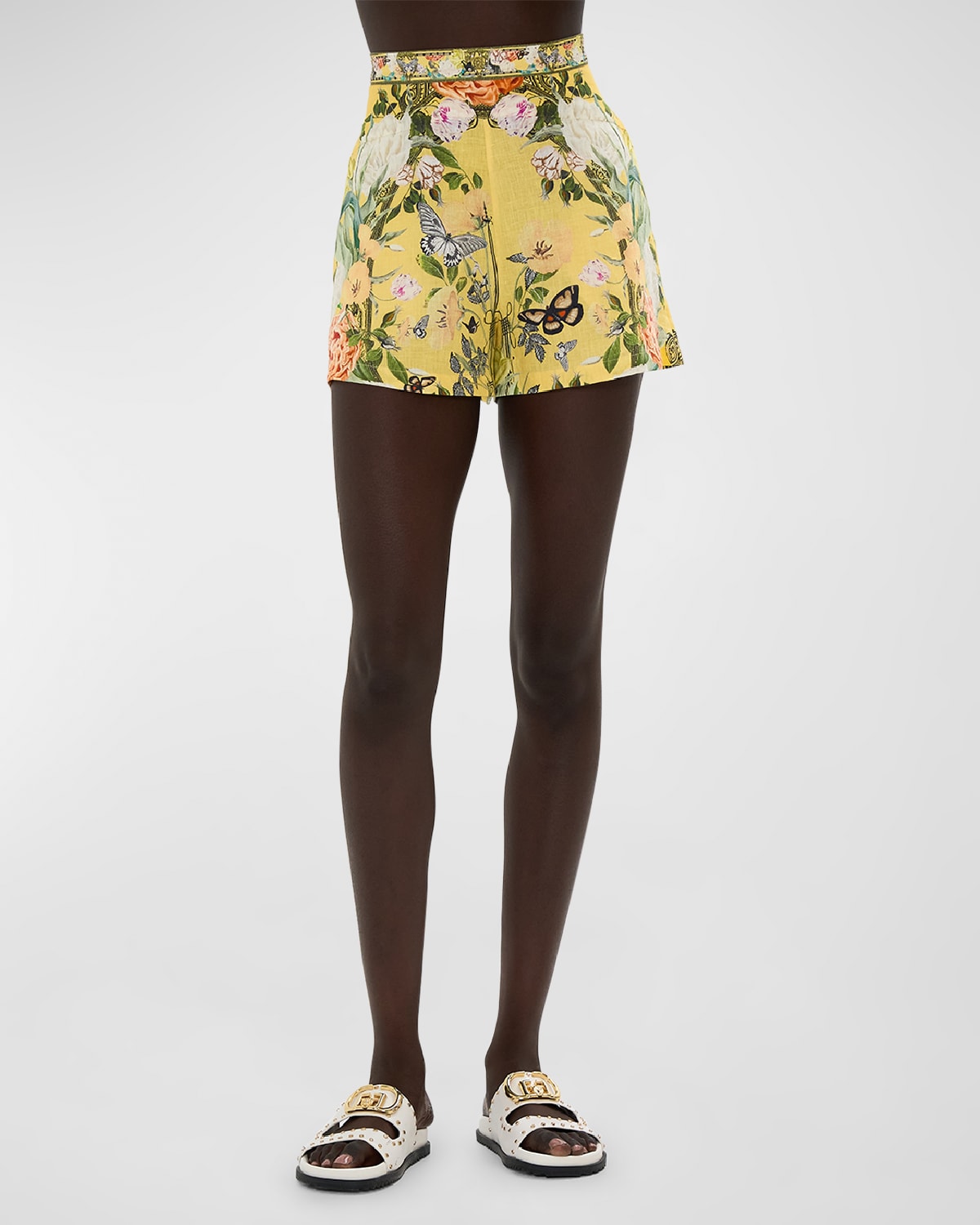 Shop Camilla Wide Waistband Floral Linen Shorts In Paths Of Gold