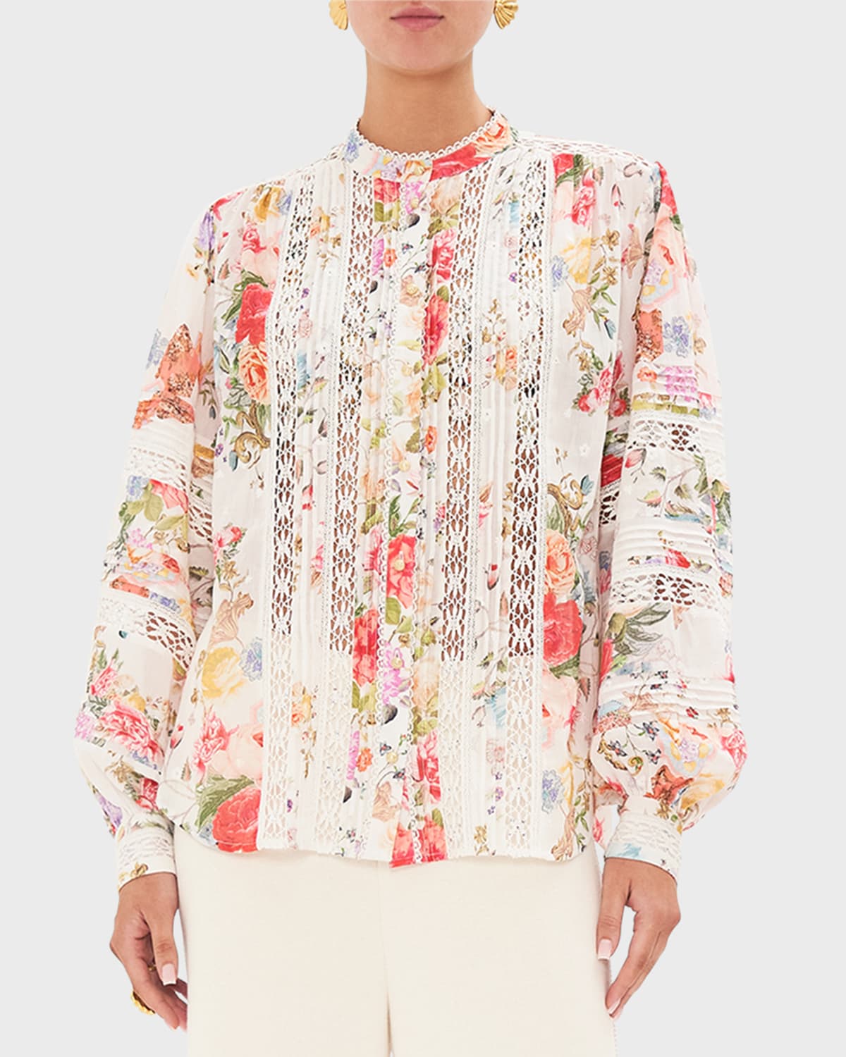 Shop Camilla Lace-trim Floral Cotton Blouson-sleeve Blouse In Sew Yesterday