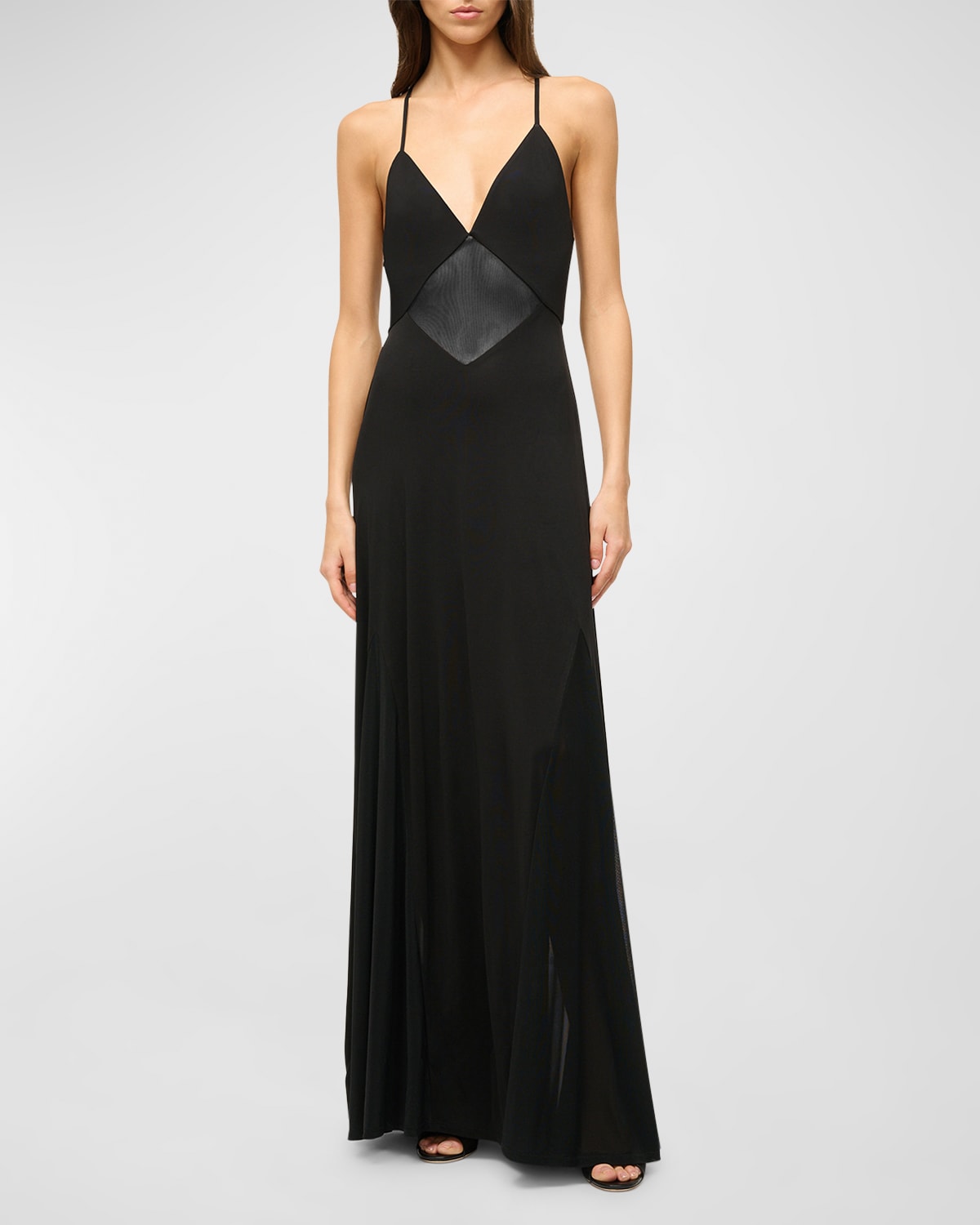 Staud Fleur Mesh Panel Low-cut V-neck Maxi Dress In Black