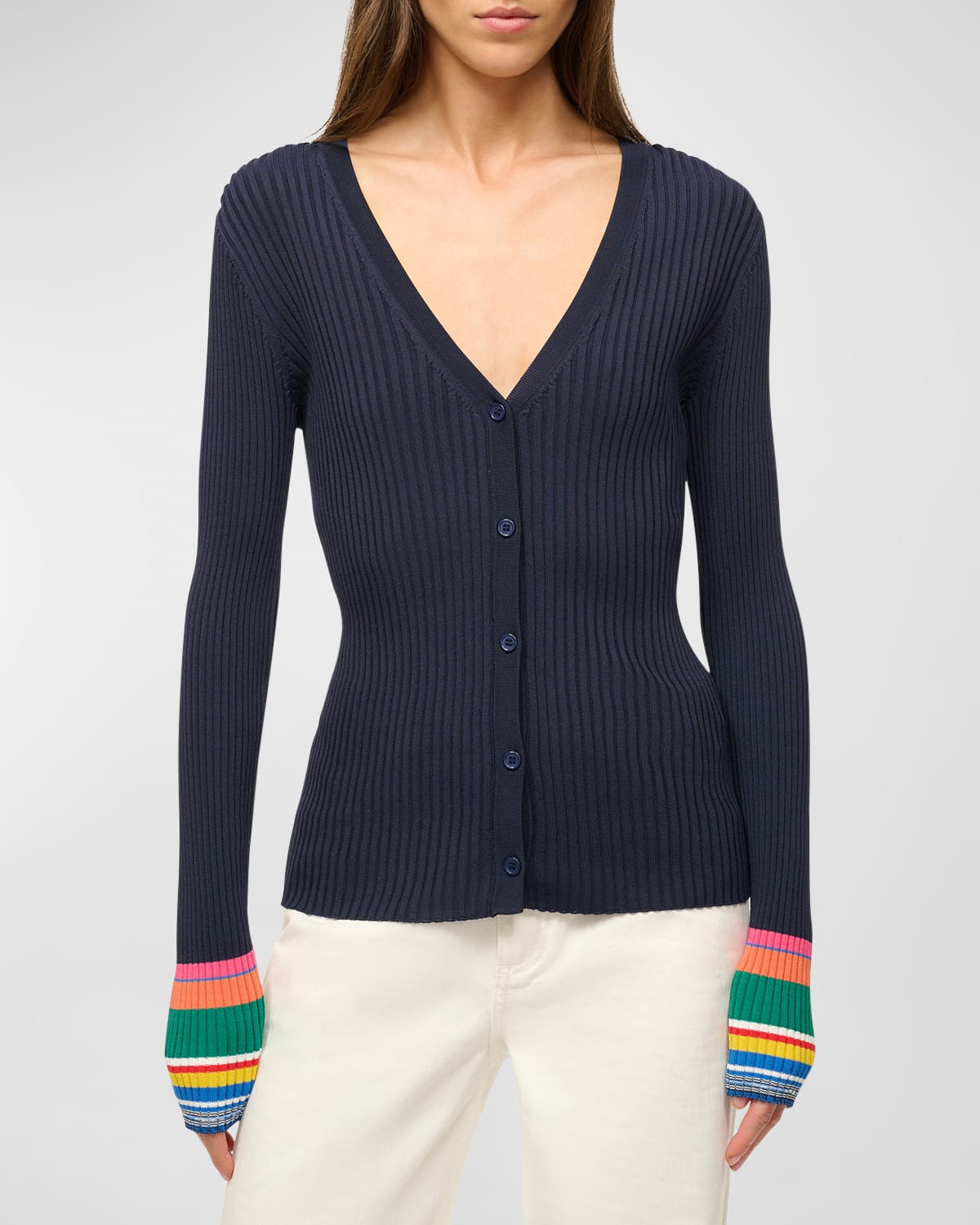 Staud Cargo Compact Knit Cardigan Sweater In Navy Multi