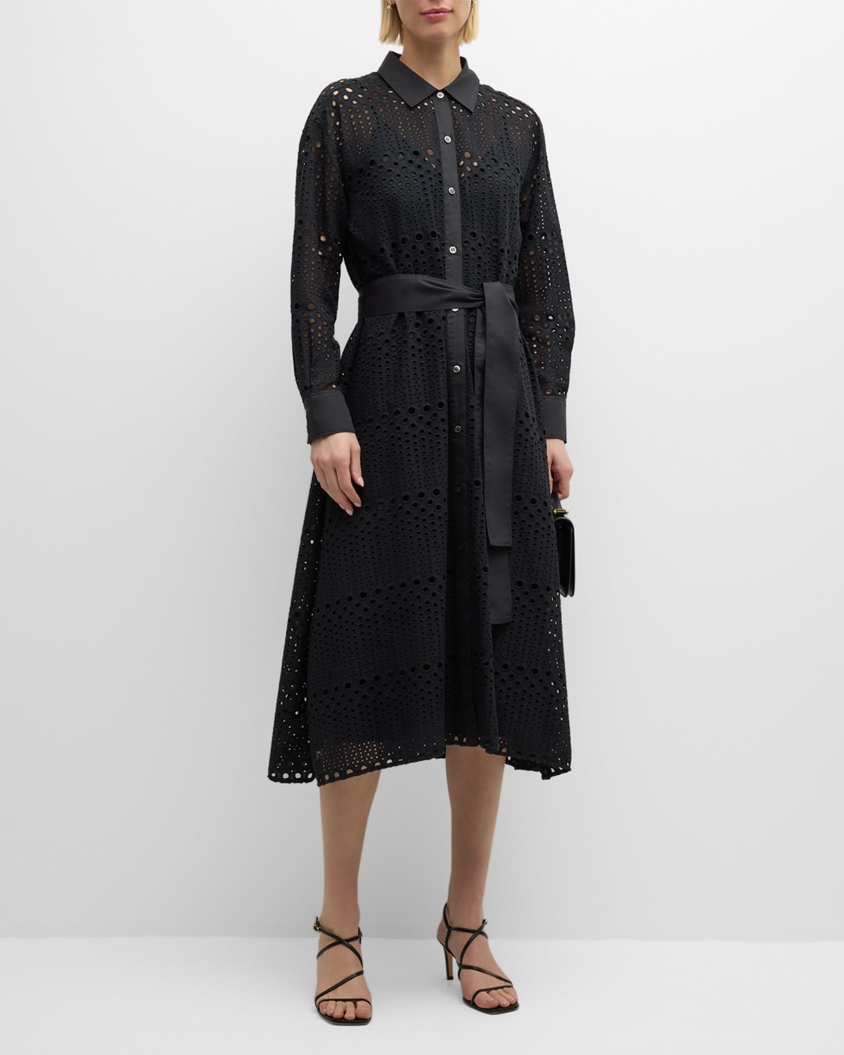 Natori Eyelet-embroidered Cotton Midi Shirtdress In Black