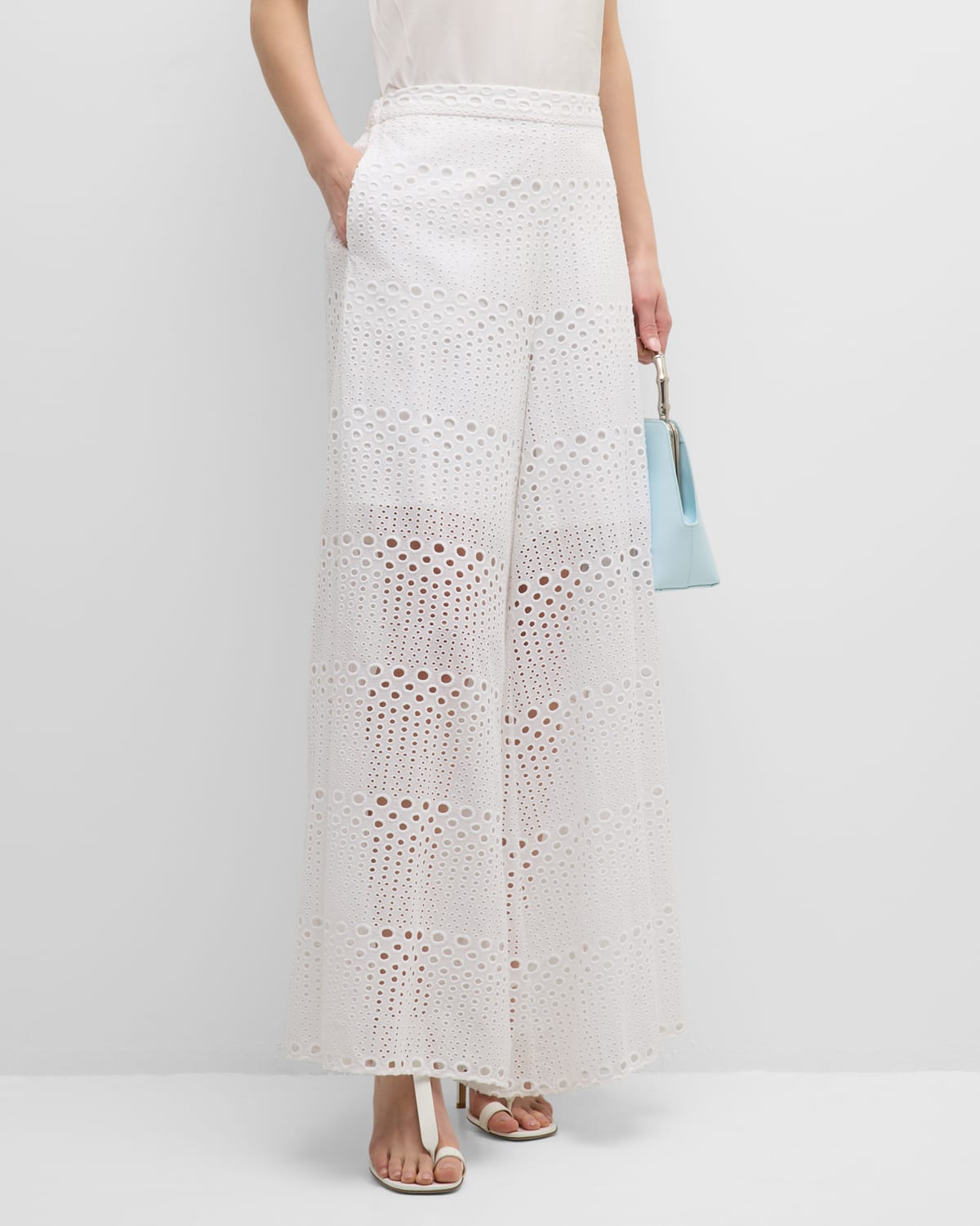 Natori Wide-leg Eyelet-embroidered Cotton Trousers In White