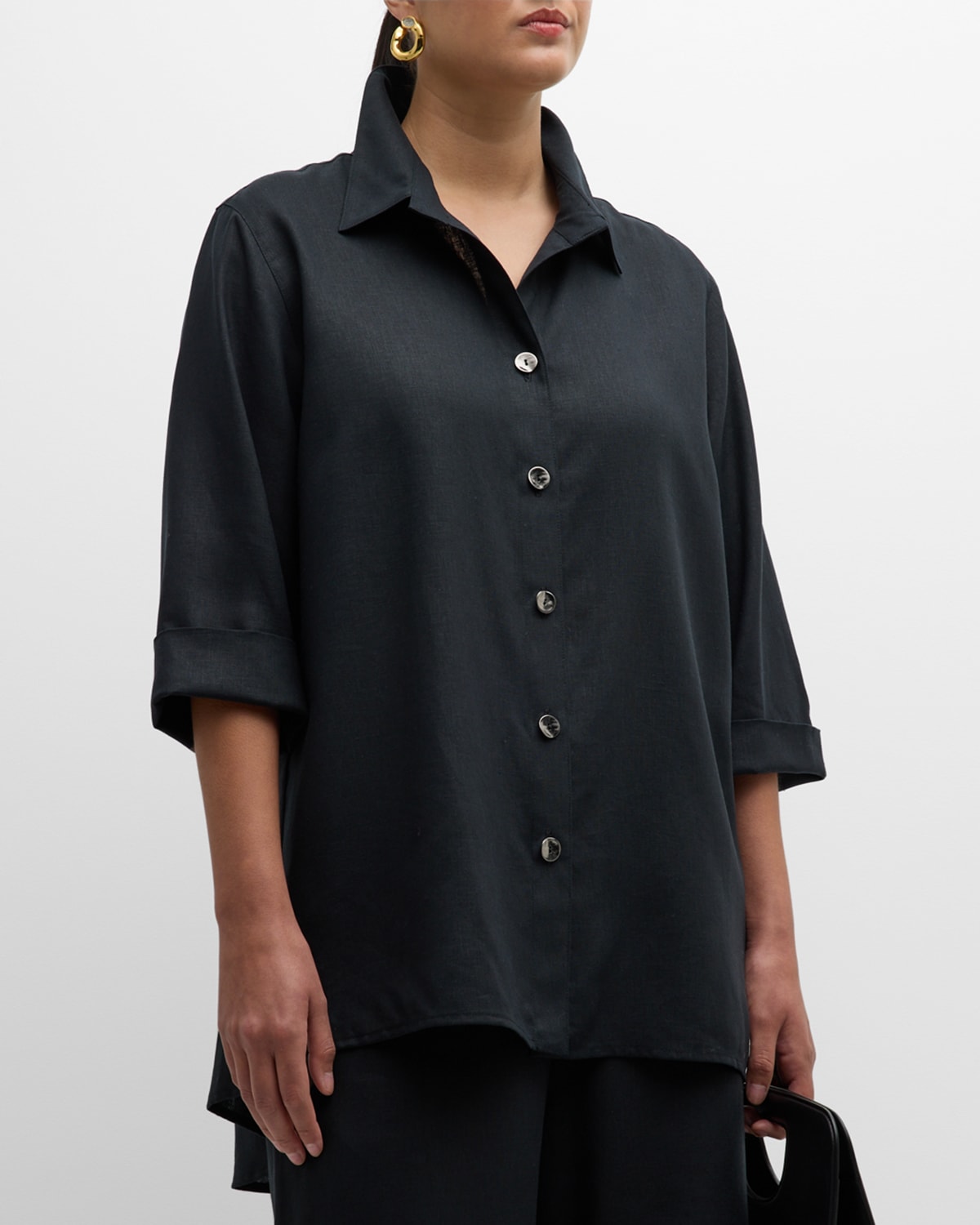 Caroline Rose Plus Plus Size High-low Button-down Shirt In Black