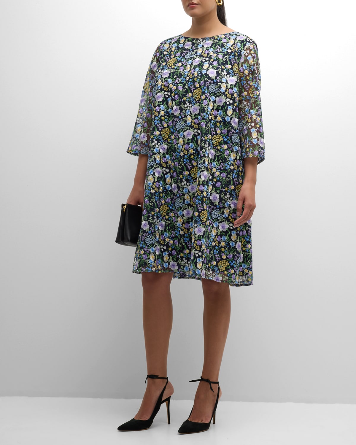 Caroline Rose Plus Plus Size Flower Basket Embroidered Midi Dress In Navymulti