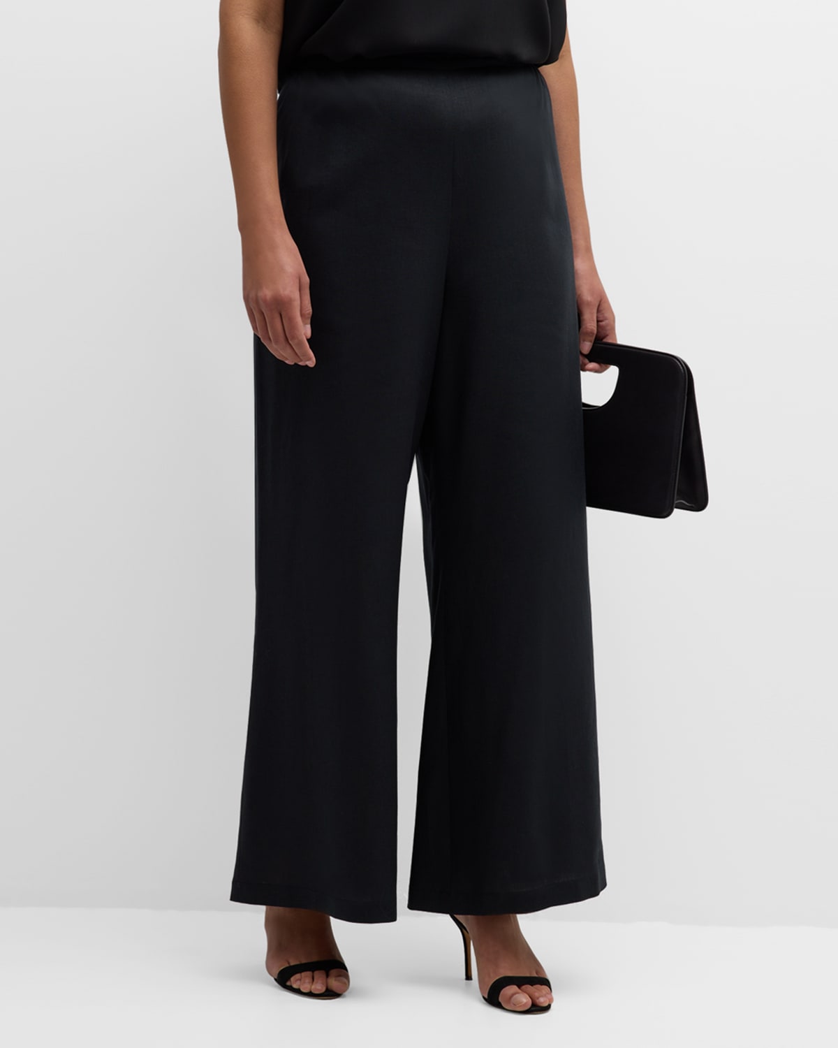 Caroline Rose Plus Plus Size Wide-leg Linen-blend Pants In Black