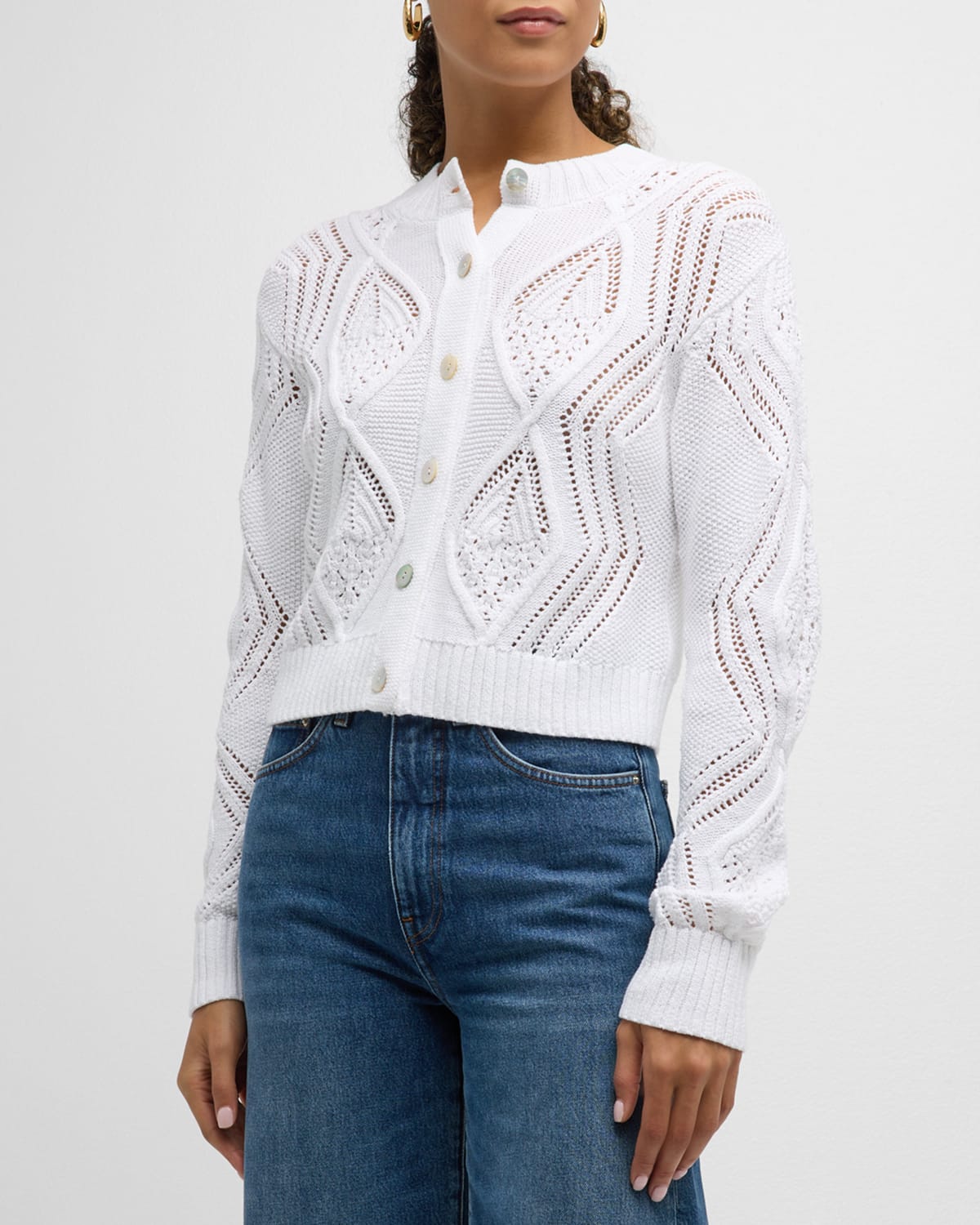 Shop Vince Diamond Cable-knit Short Cotton Cardigan In Optic White