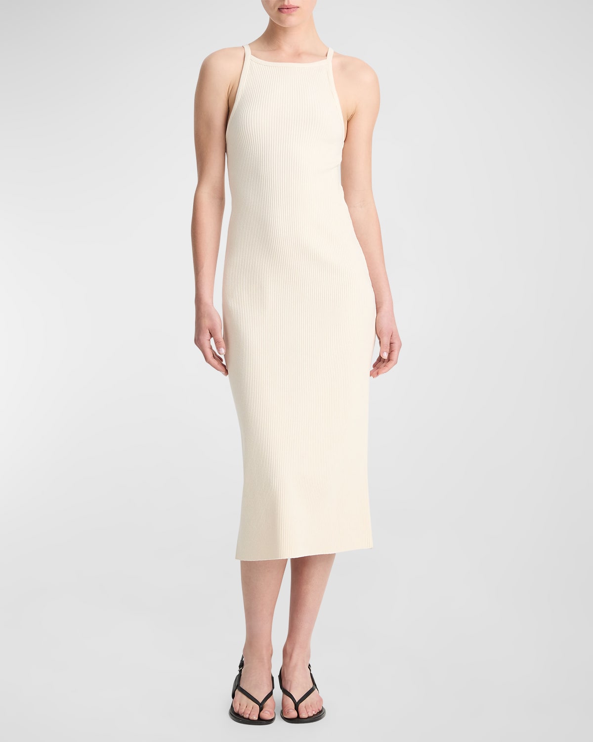 Shop Vince Ribbed High-neck Midi Tank Dress In Flaxen