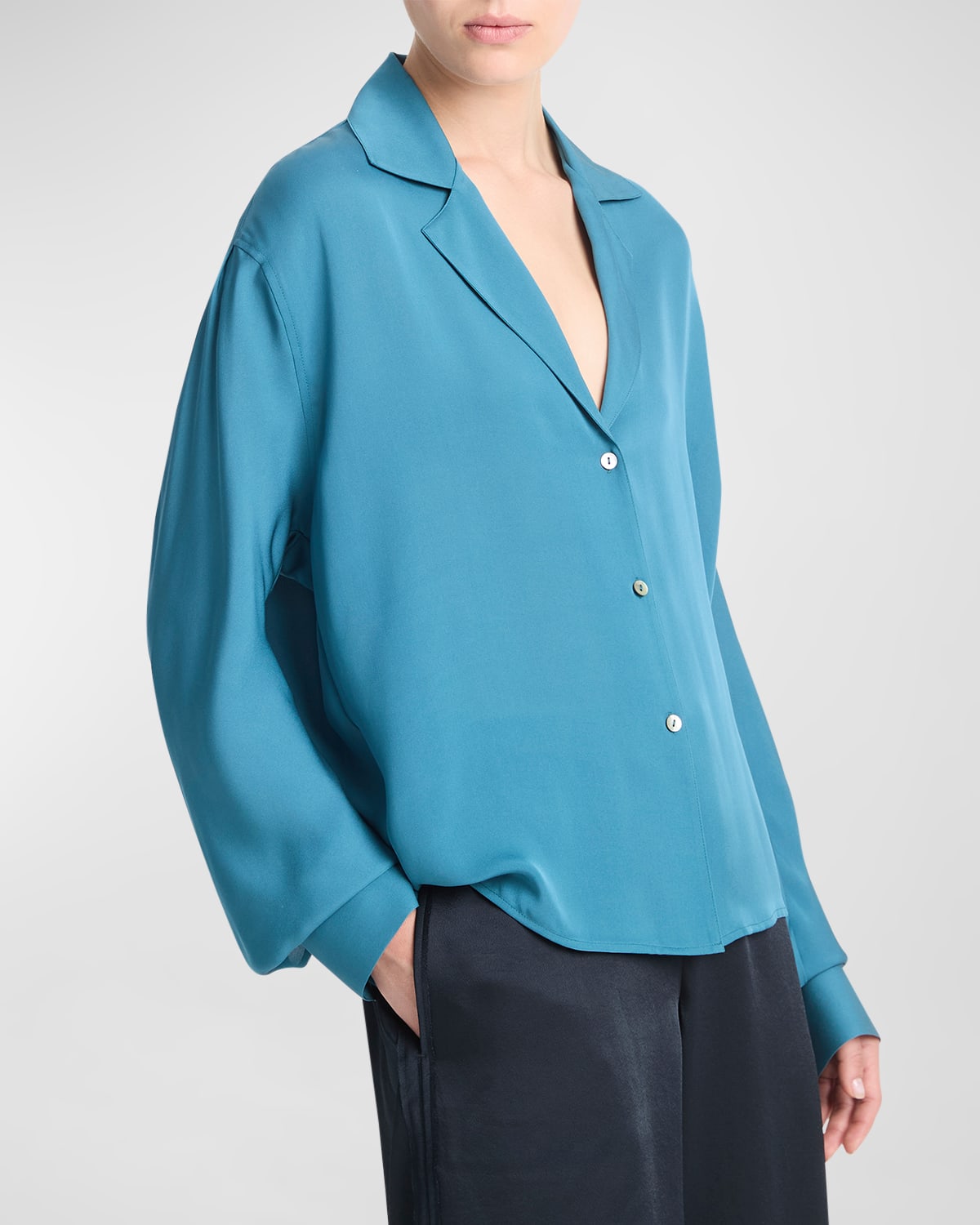 Shop Vince Silk Lapel-collar Dolman-sleeve Blouse In Blue Waltz
