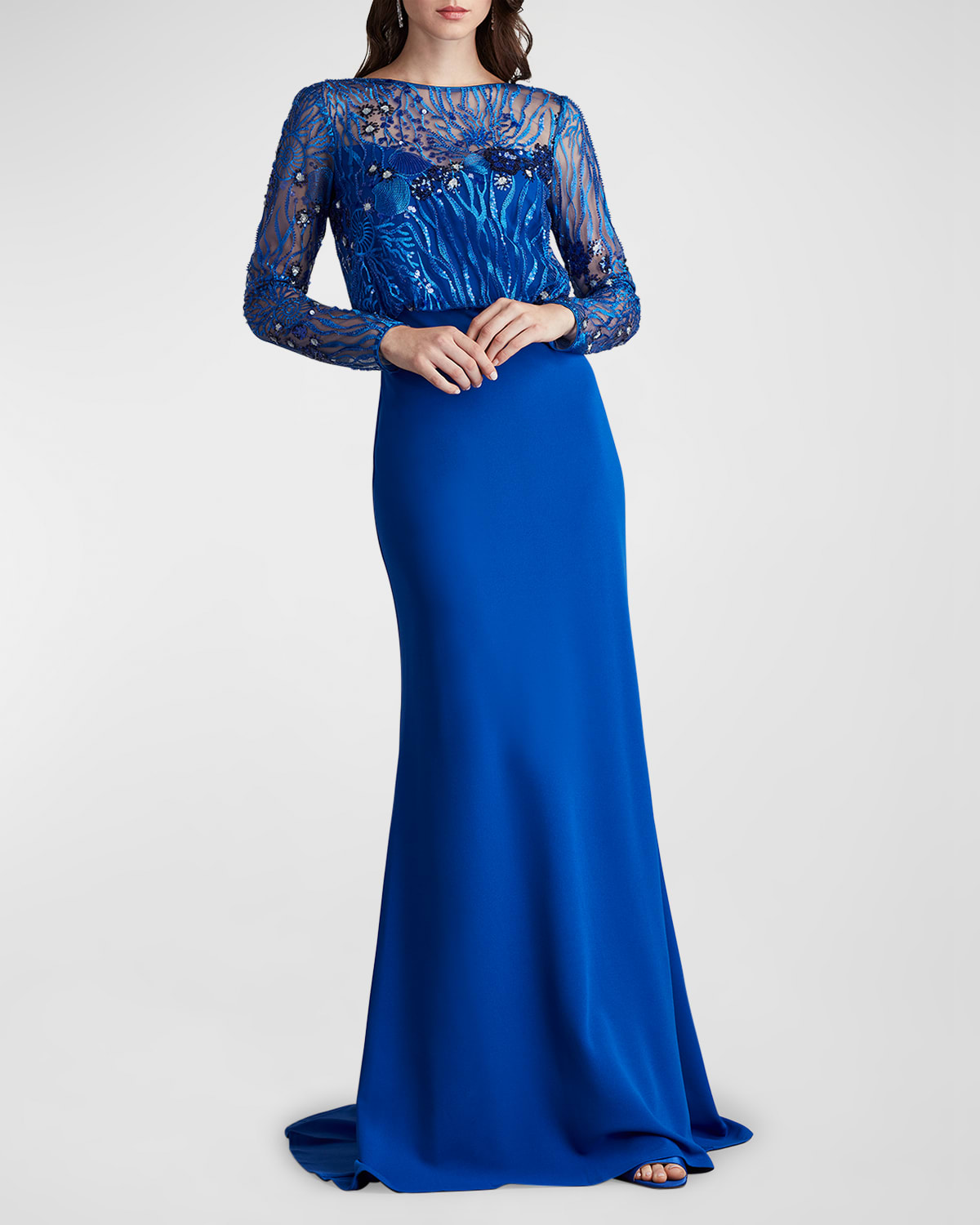 Shop Tadashi Shoji Sequin Embroidered A-line Illusion Gown In Mystic Blue