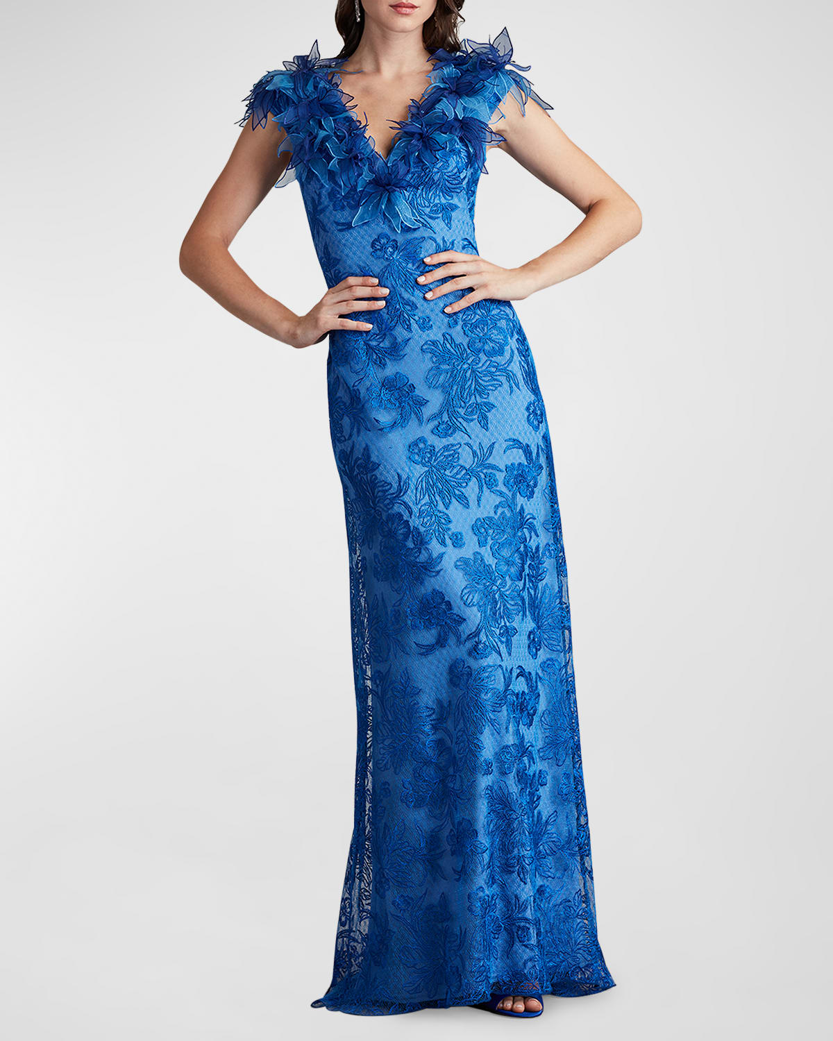 Shop Tadashi Shoji A-line Floral-embroidered Applique Gown In Pacific Blue