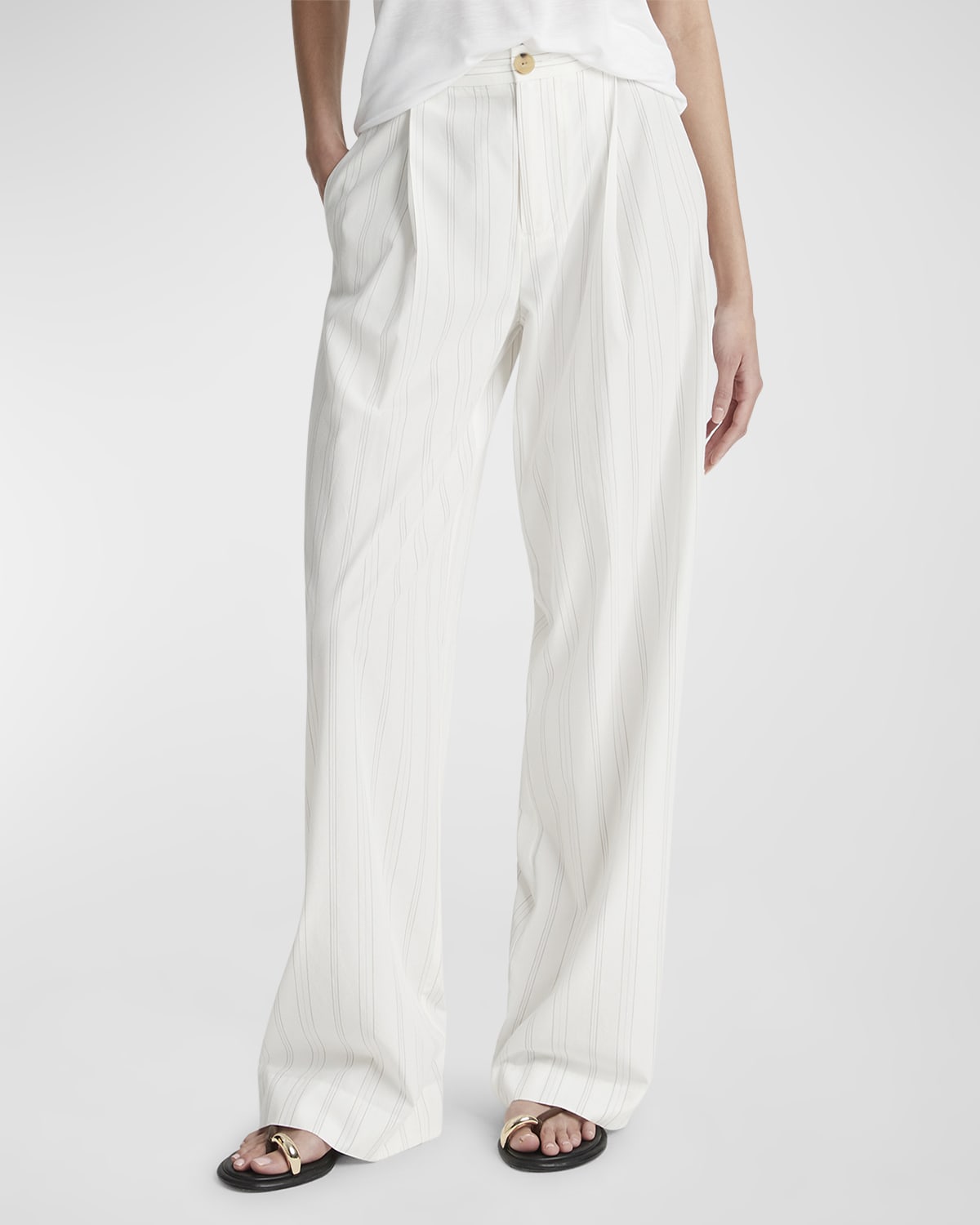 Relaxed Pleated Stripe Straight-Leg Trousers