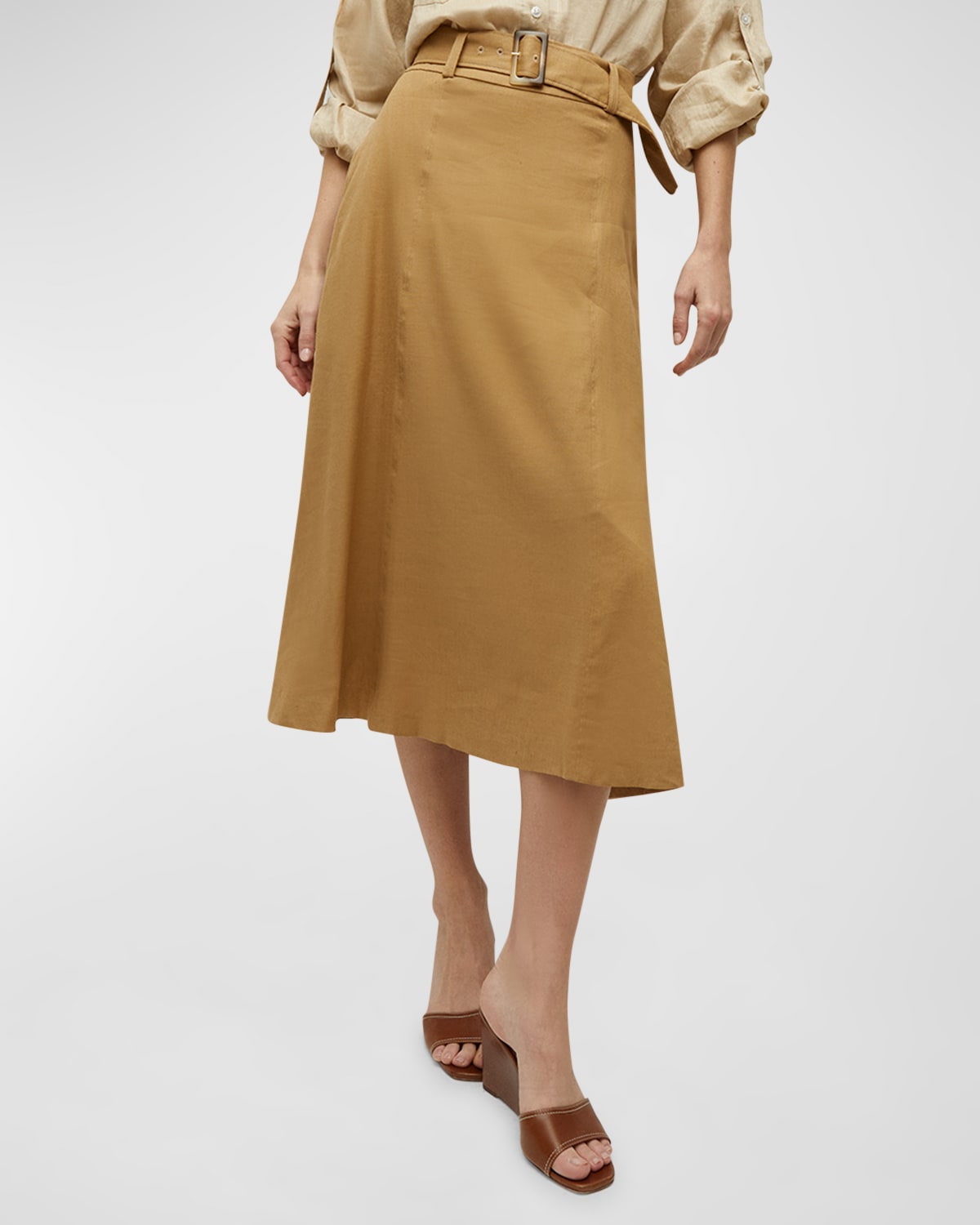 Shop Veronica Beard Arwen Belted Linen-blend Midi Skirt In Desert Khaki