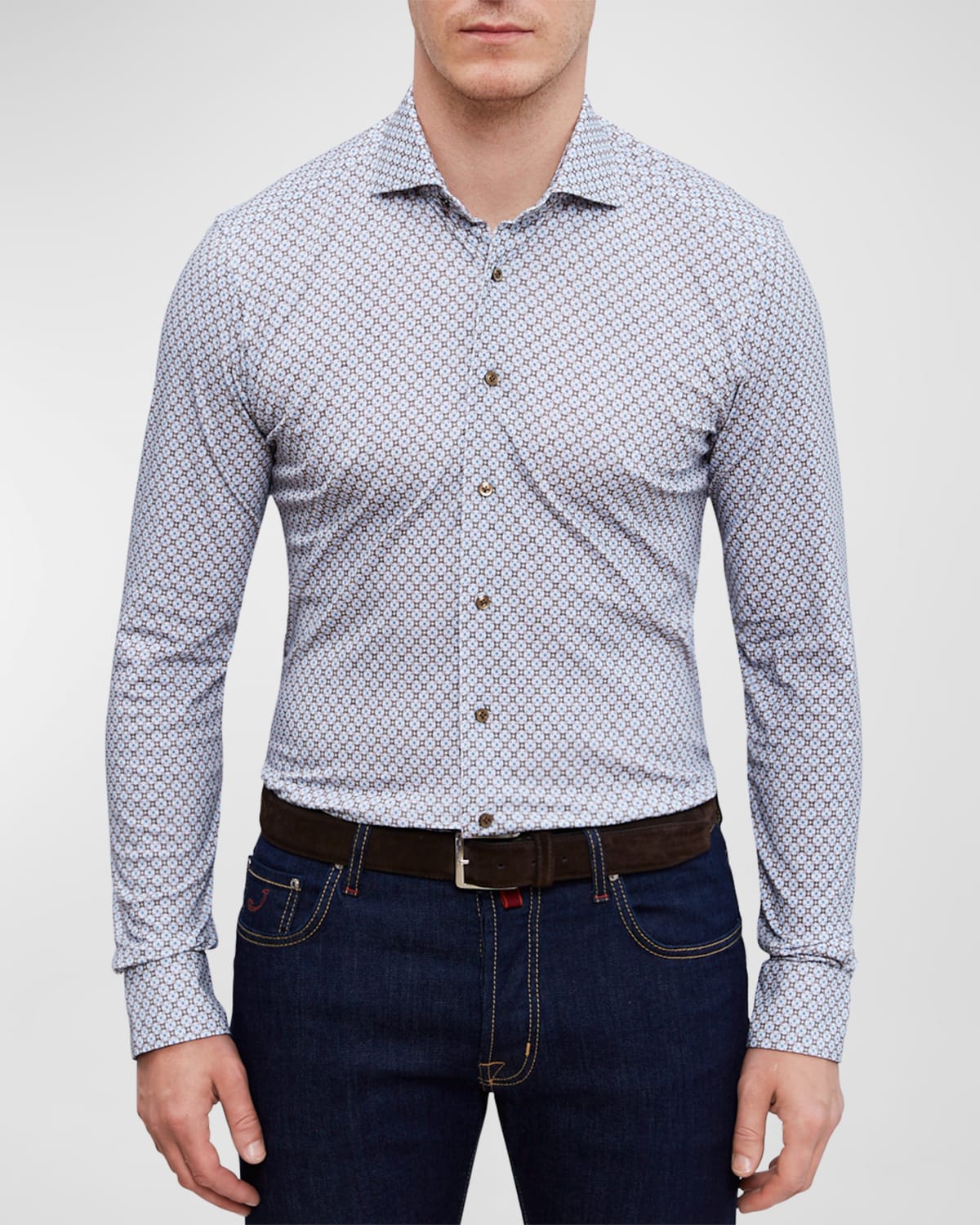Shop Emanuel Berg Men's Modern 4 Flex Stretch Geometric-print Sport Shirt In Medium Brown