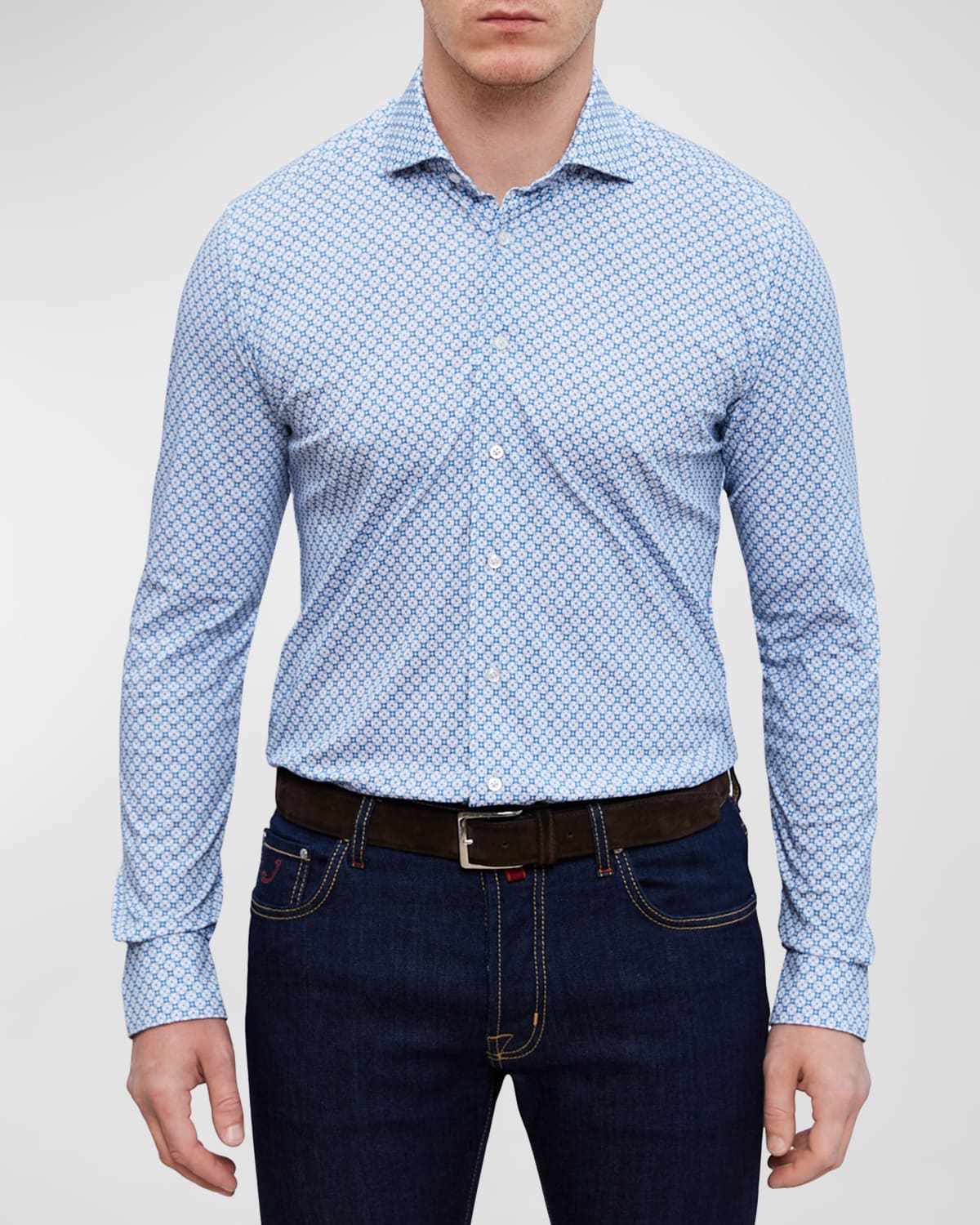 Shop Emanuel Berg Men's Modern 4 Flex Stretch Geometric-print Sport Shirt In Medium Blue