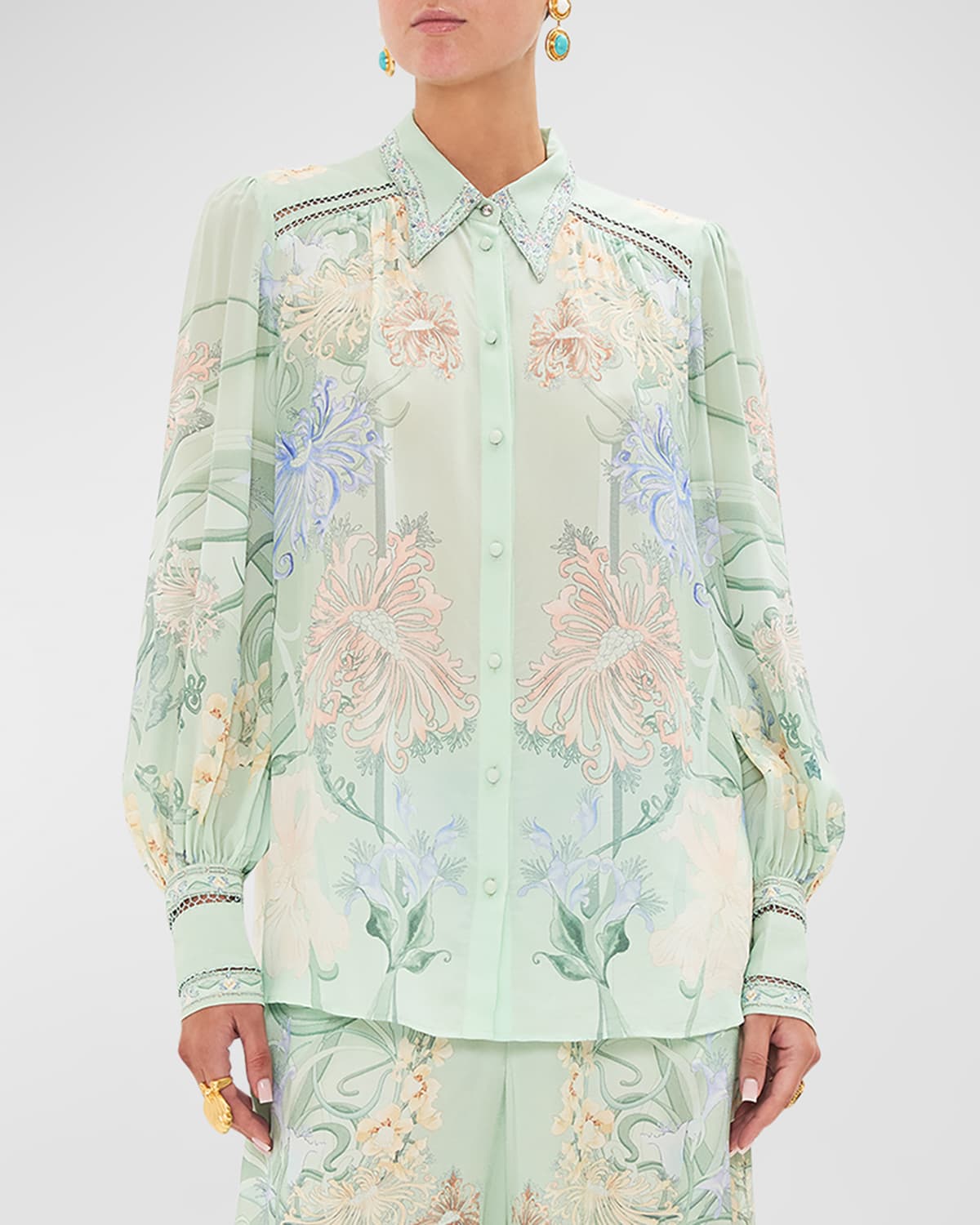 Floral Silk Button-Front Blouson-Sleeve Blouse