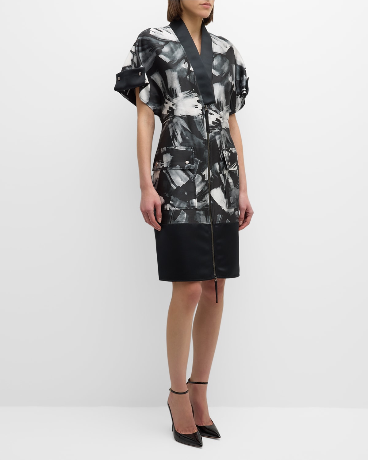 Bach Mai Abstract-print Short-sleeve Zip-front Dress In Ash Brushstroke