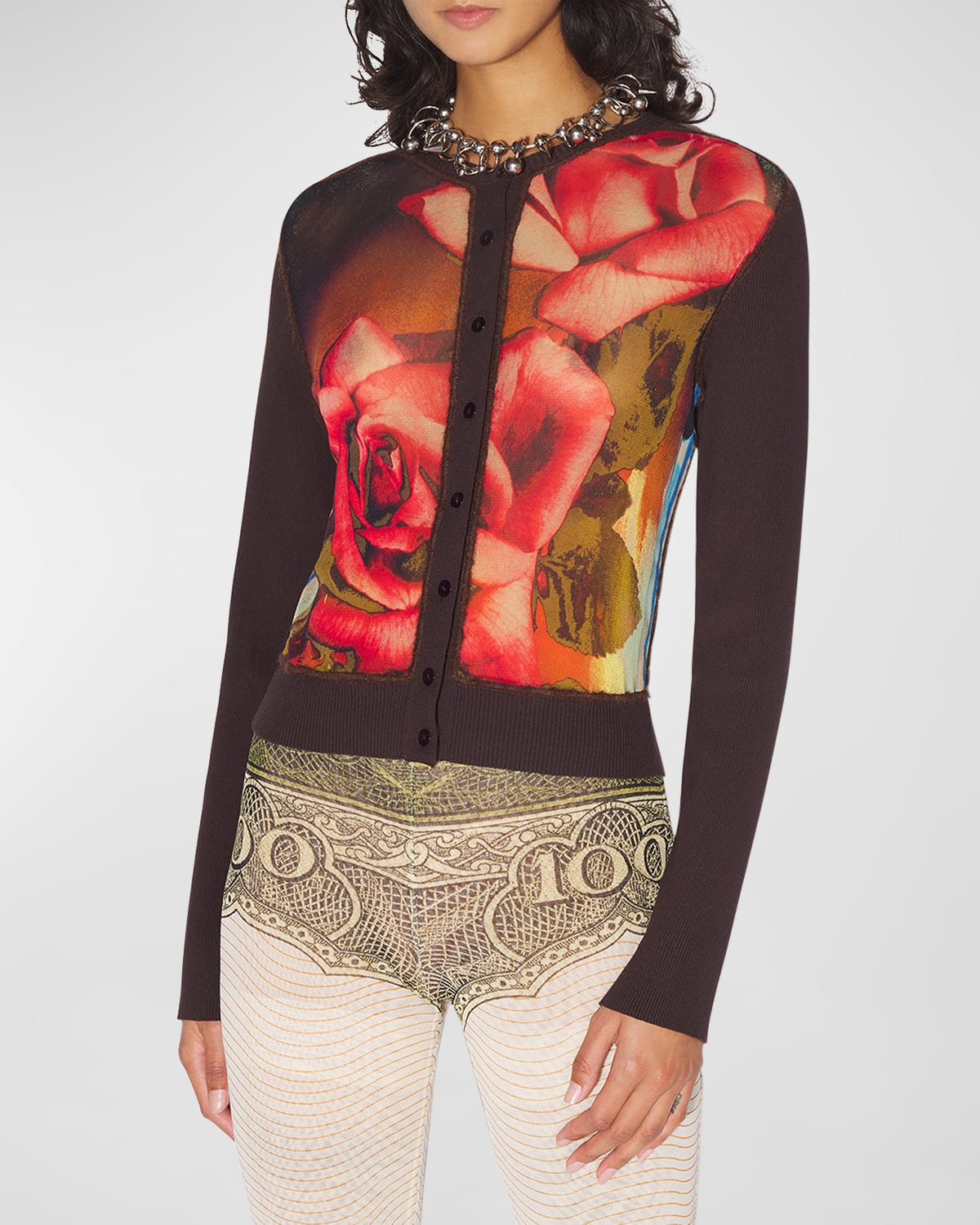 Shop Jean Paul Gaultier Roses-print Long-sleeve Crewneck Cardigan In Browngreenredblue