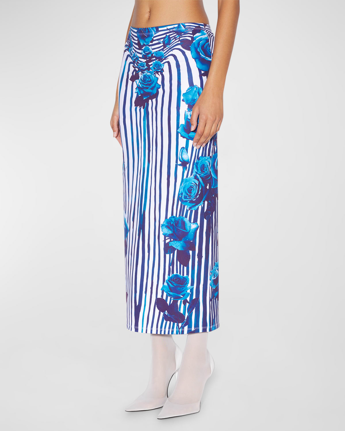 Shop Jean Paul Gaultier Flower Body Morphing Print Jersey Maxi Skirt In Whitenavyaqua