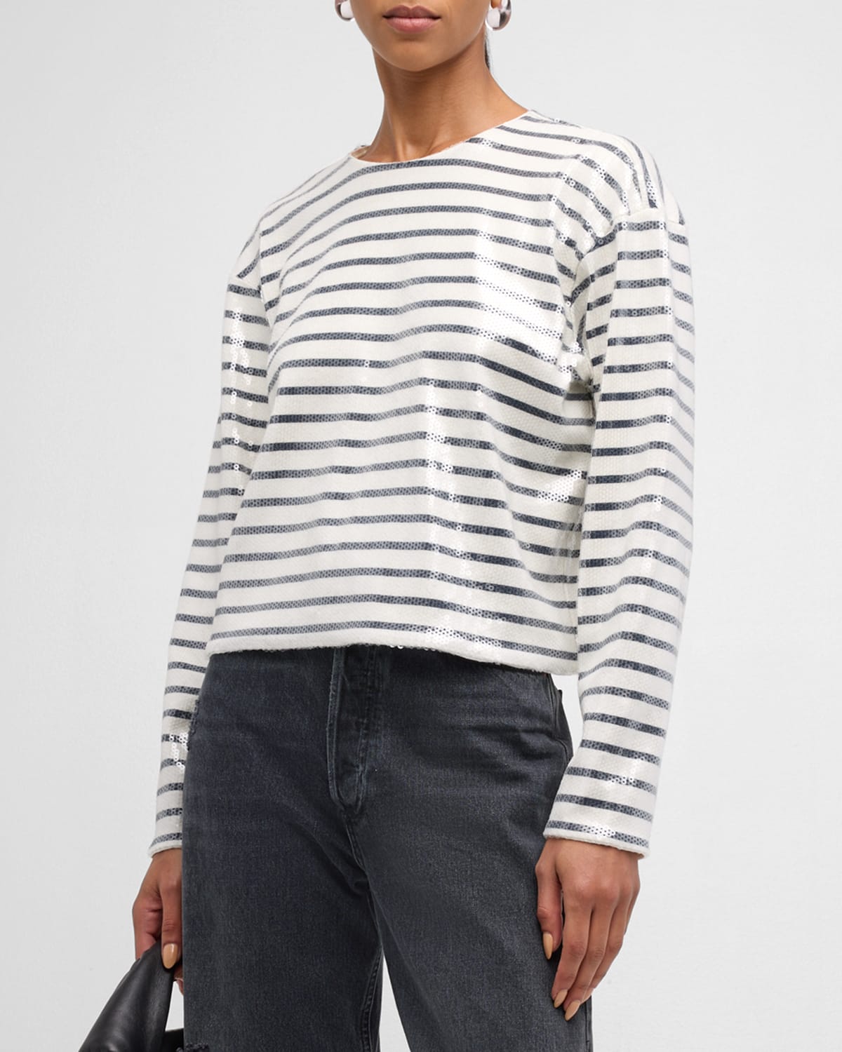 Shop Frame Stripe Long-sleeve Sequined Top In Navy Multi