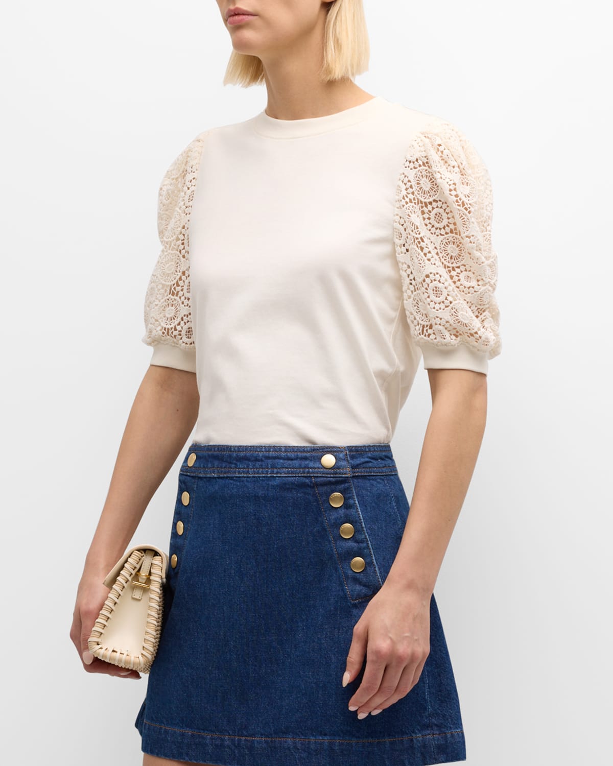 Frame Frankie Lace-sleeve Tee In White