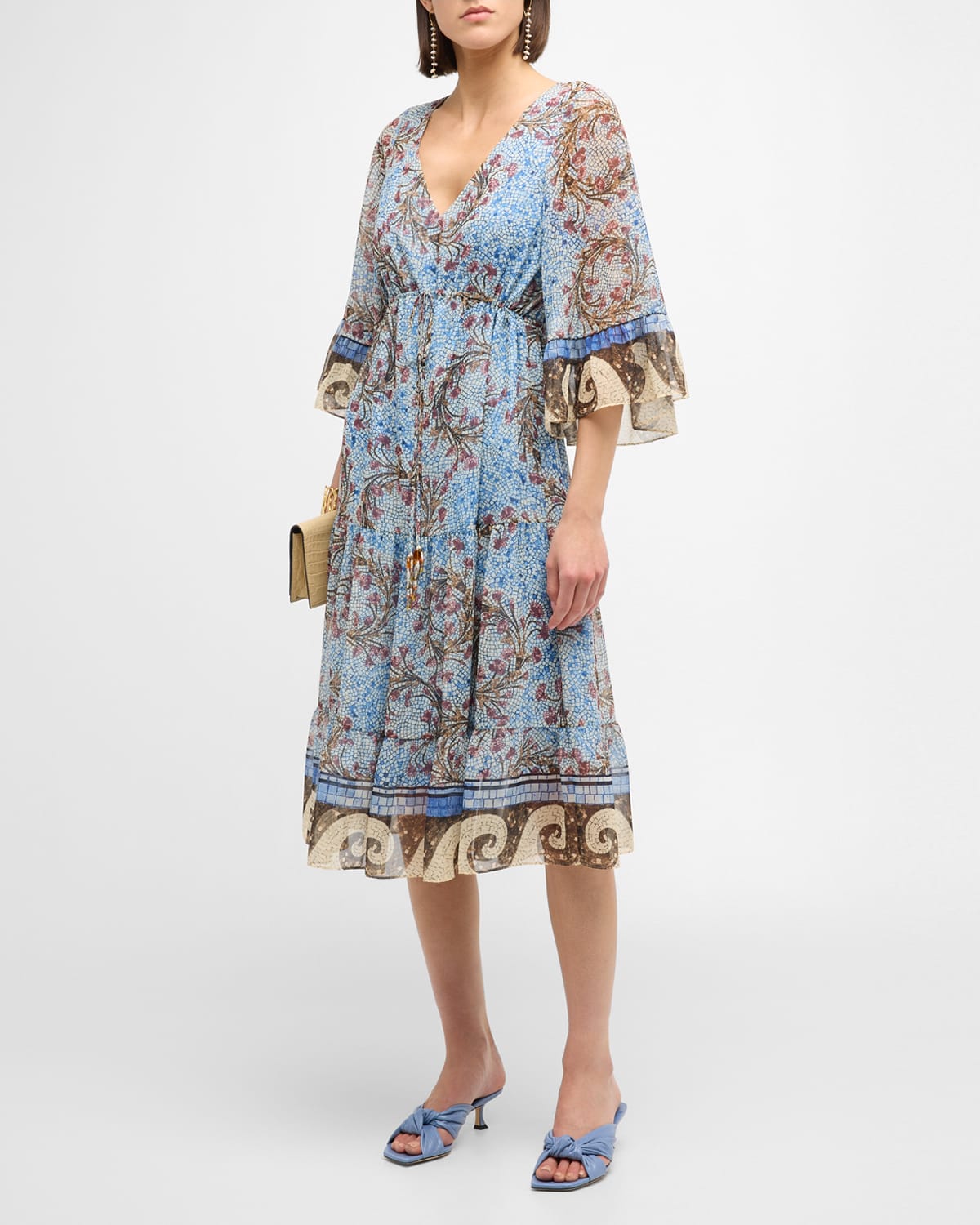 Shop Kobi Halperin Logan Mosaic-print Ruffle-cuff Midi Dress In Skyline Multi