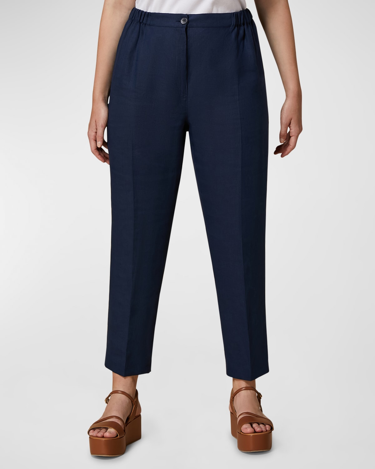 Shop Marina Rinaldi Plus Size Respiro Cropped Linen Trousers In Blu Profondo