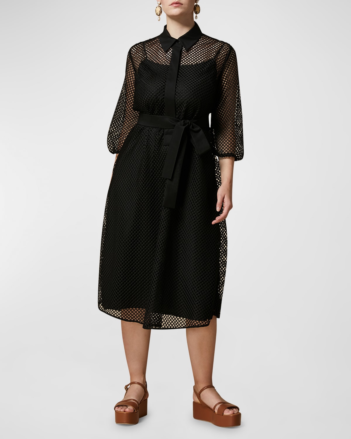 Shop Marina Rinaldi Zarina 34-sleeve Mesh Midi Shirtdress In Black