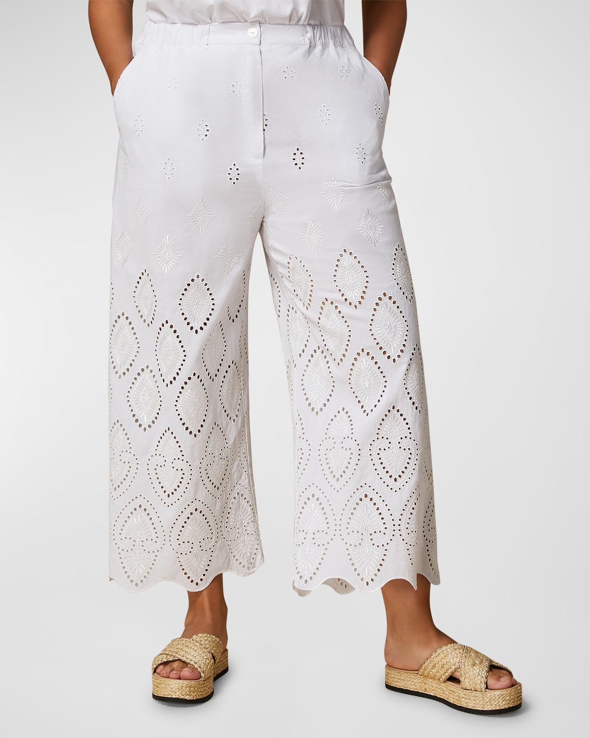Shop Marina Rinaldi Plus Size Aggravi Embroidered Wide-leg Trousers In Milk