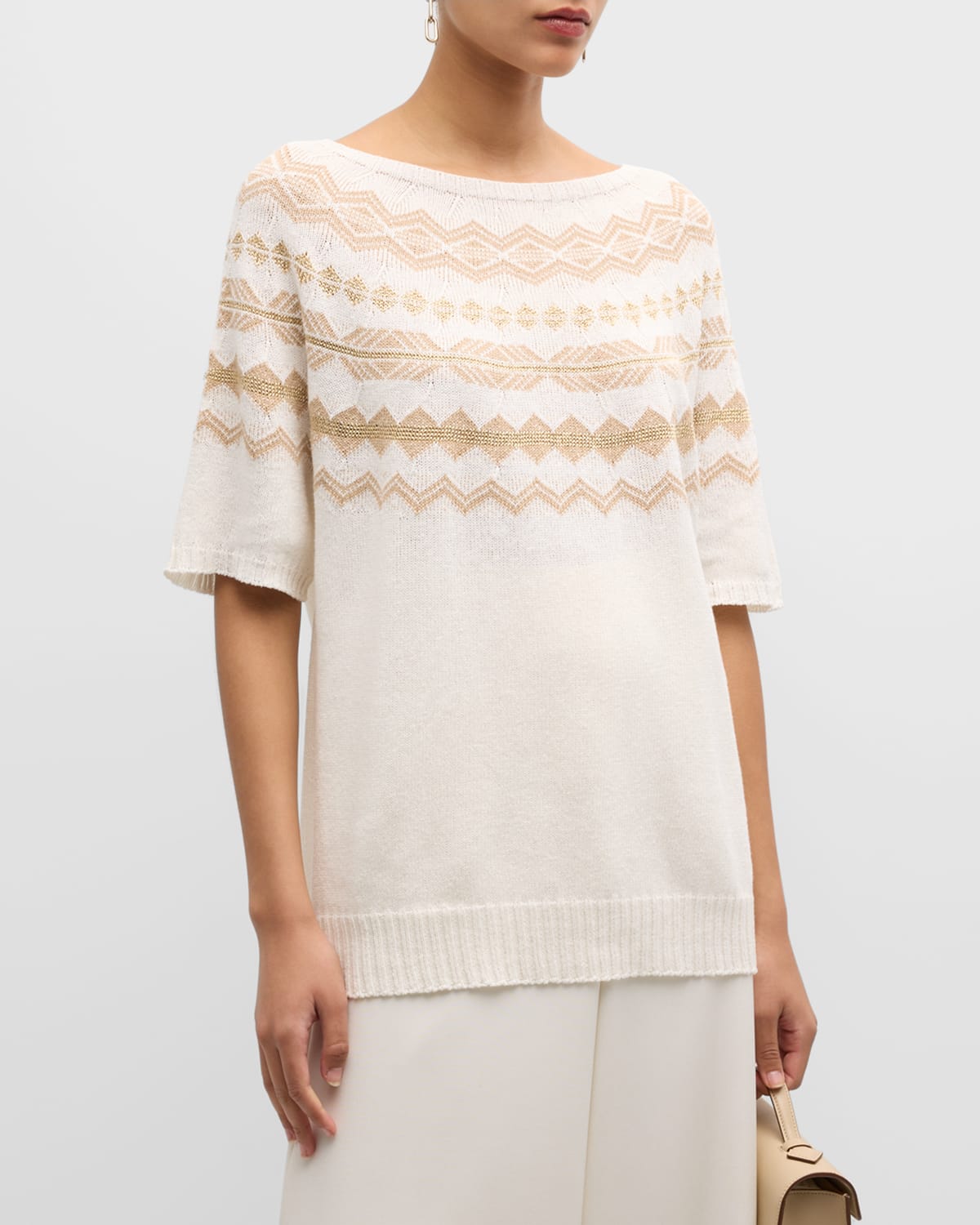 Shop Marina Rinaldi Plus Size Emery Short-sleeve Intarsia Sweater In Milk