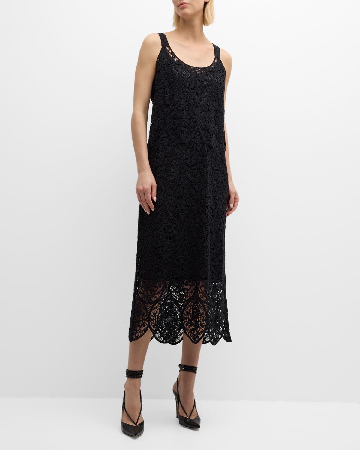 Shop Marina Rinaldi Riber Scalloped Embroidered Midi Dress In Black