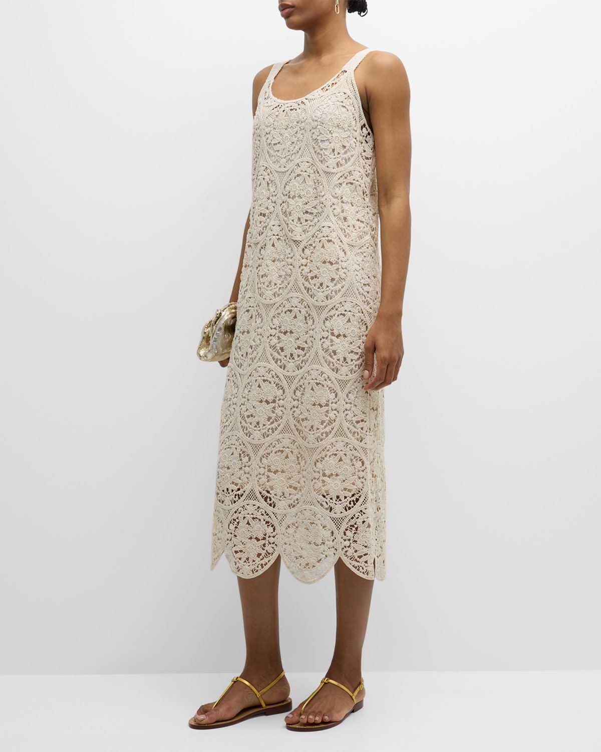 Shop Marina Rinaldi Riber Scalloped Embroidered Midi Dress In Sand