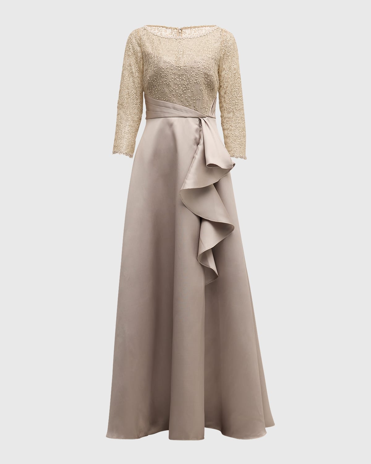 Shop Theia Zola Ruffle A-line Lace & Mikado Gown In Clay