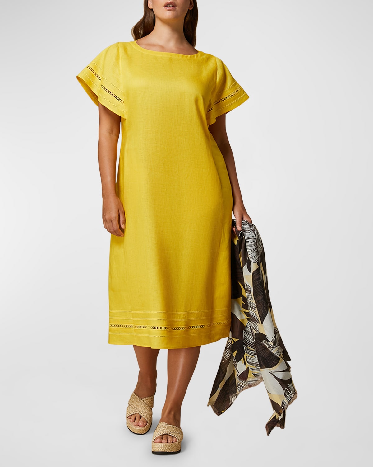 Shop Marina Rinaldi Plus Size Bartolo Embroidered Linen Midi Dress In Yellow