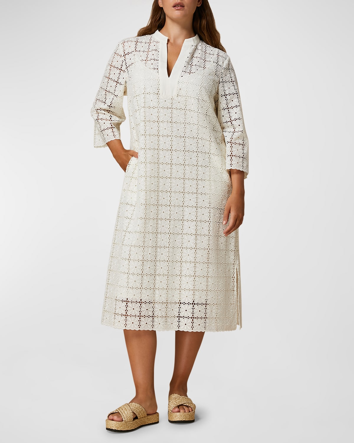 Shop Marina Rinaldi Plus Size Peana Embroidered Cotton Midi Dress In Ivory