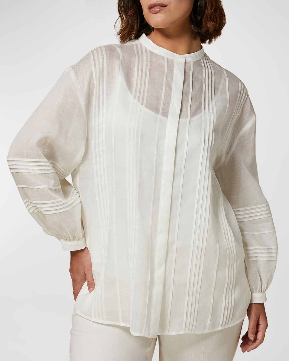 Shop Marina Rinaldi Plus Size Todi Pintuck Ramie Canvas Shirt In White