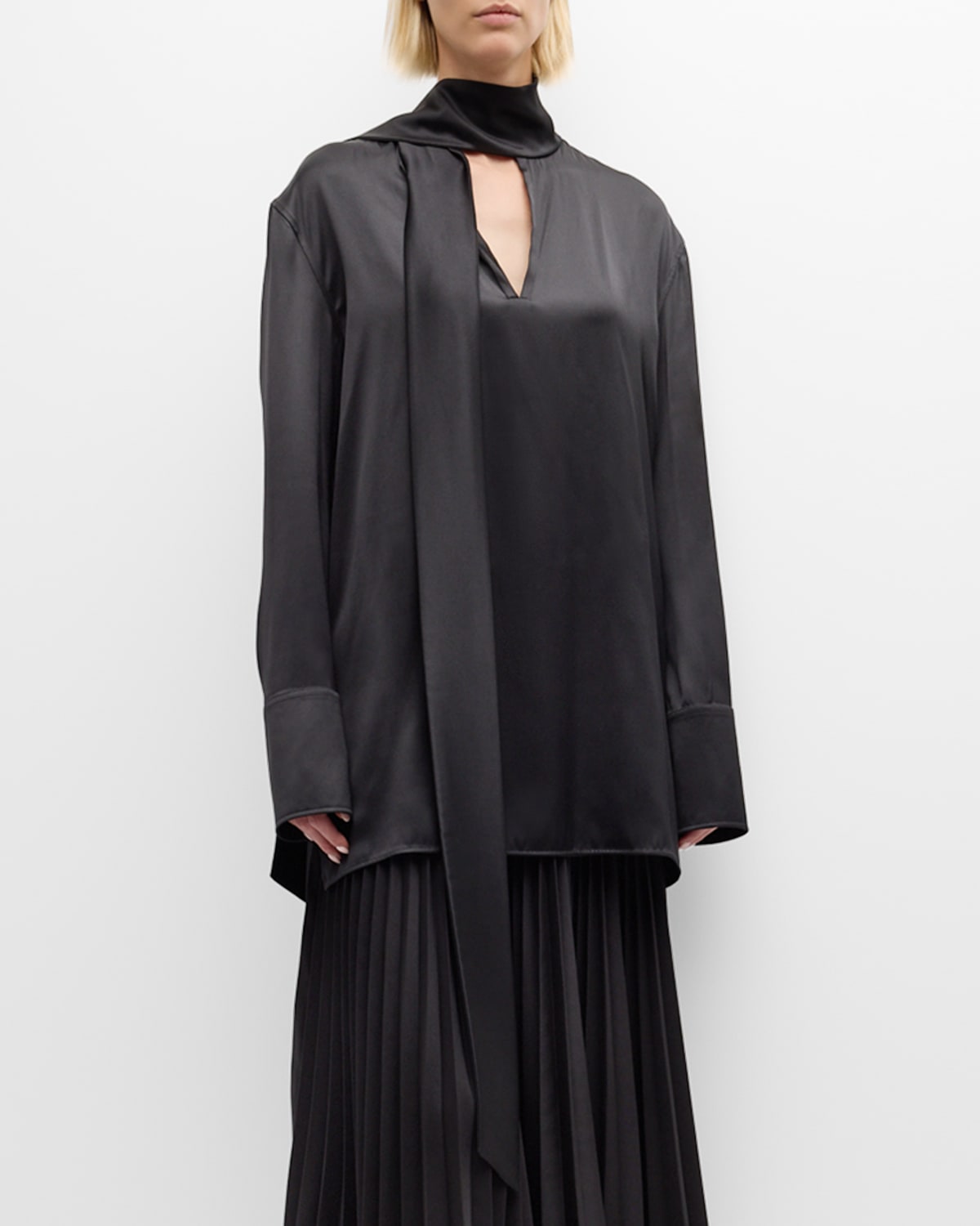 Shop Jil Sander Friday Pm Scarf-neck Long-sleeve Silk Blouse In Black