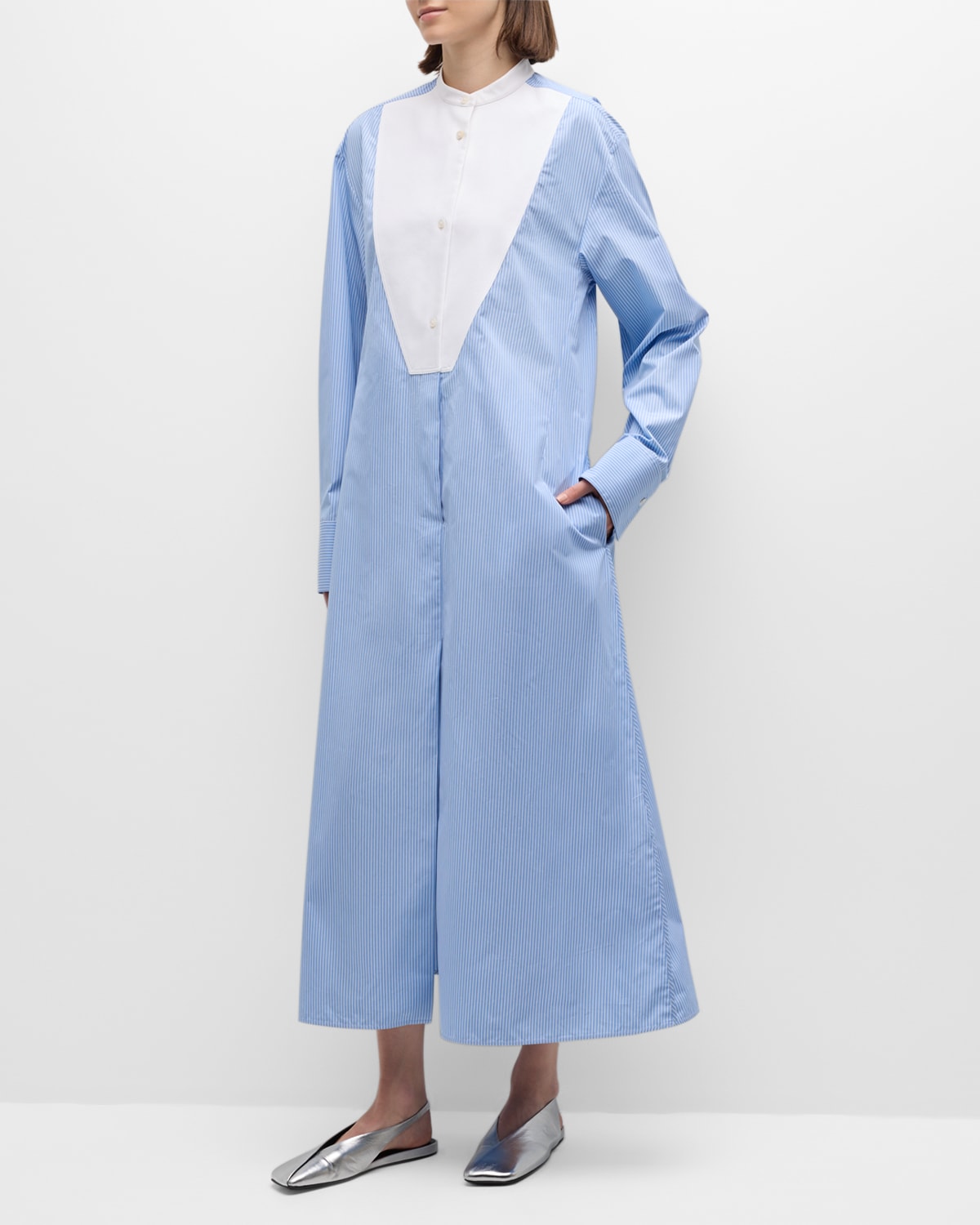 Shop Jil Sander Striped Long-sleeve Bib Maxi Shirtdress In Open Blue