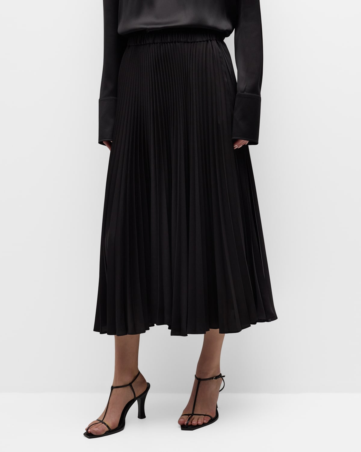 Shop Jil Sander Pleated Satin Pull-on Midi Skirt In Black