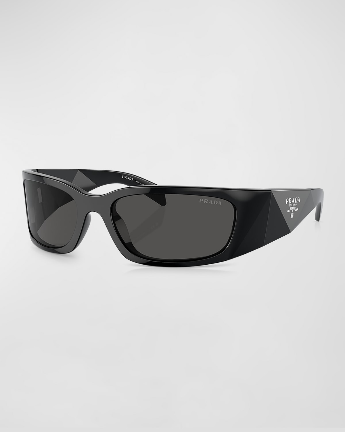 Shop Prada Men's Plastic Rectangle Wrap Sunglasses In Black