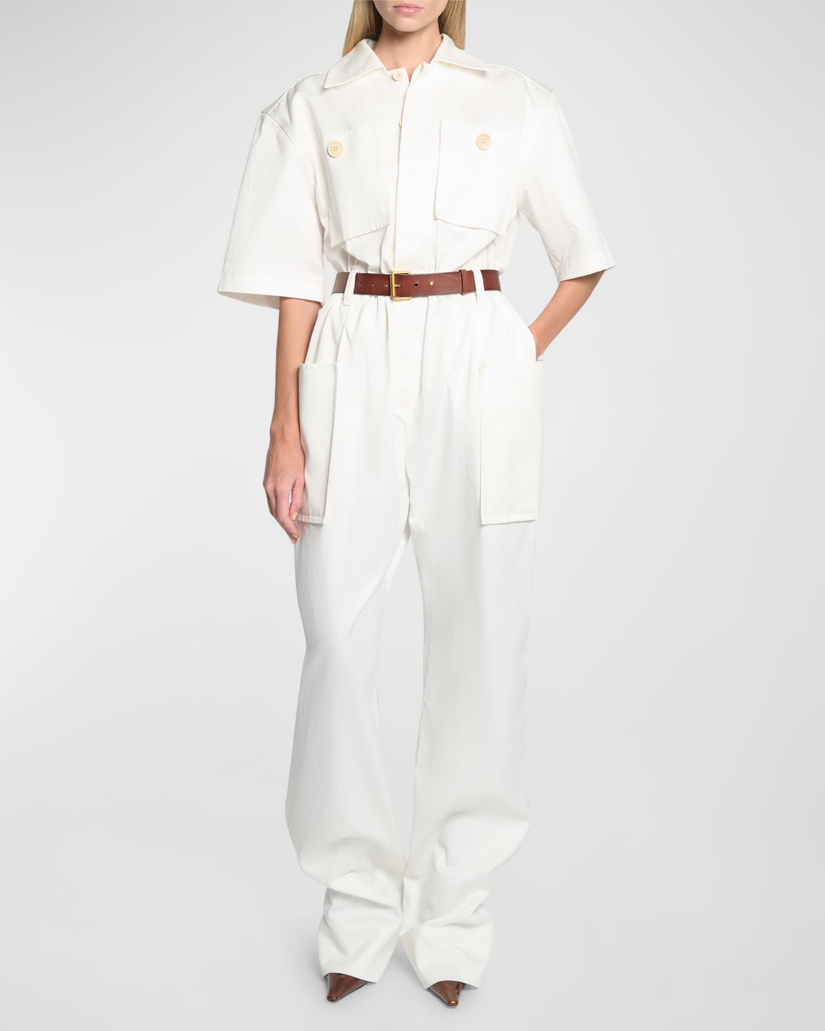Shop Saint Laurent Short-sleeve Belted Straight-leg Jumpsuit In White