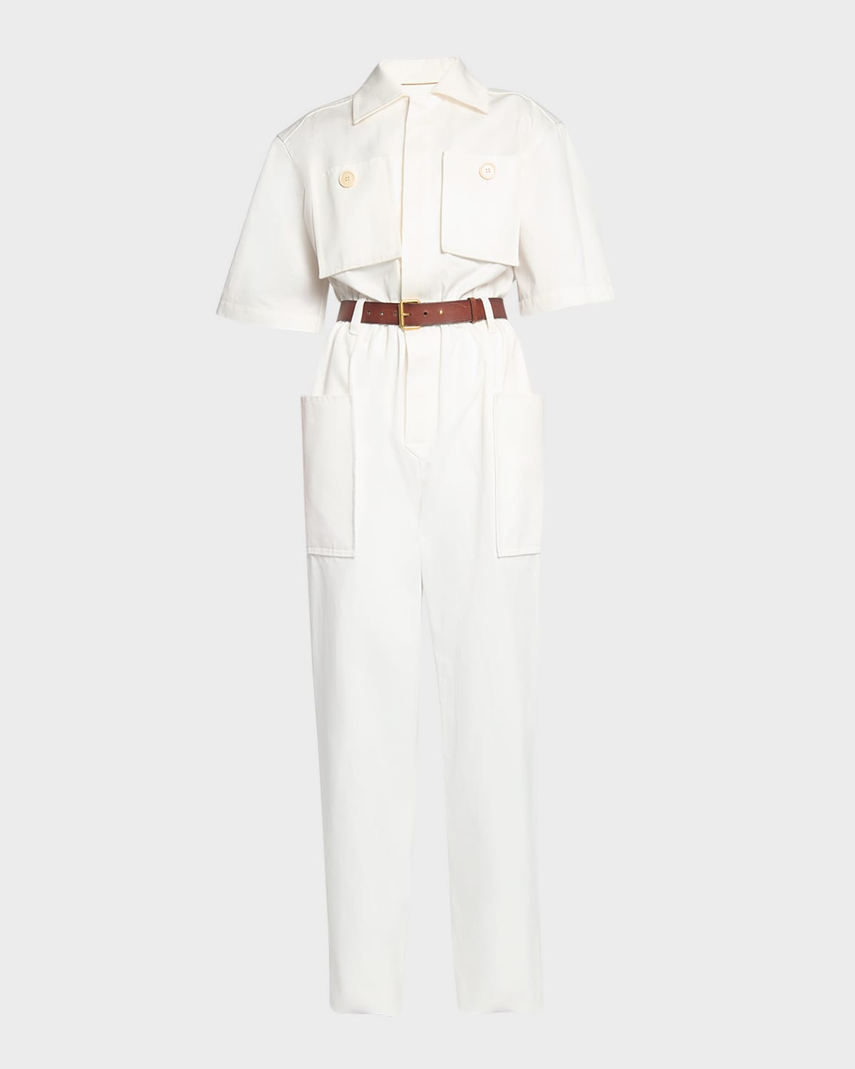 Short-Sleeve Belted Straight-Leg Jumpsuit