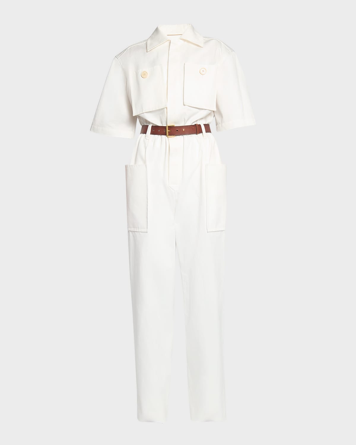 Shop Saint Laurent Short-sleeve Belted Straight-leg Jumpsuit In White