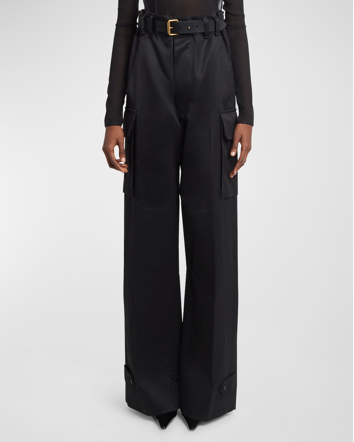 Saint Laurent High-rise Belted Straight-leg Satin Cargo Trousers In Nero