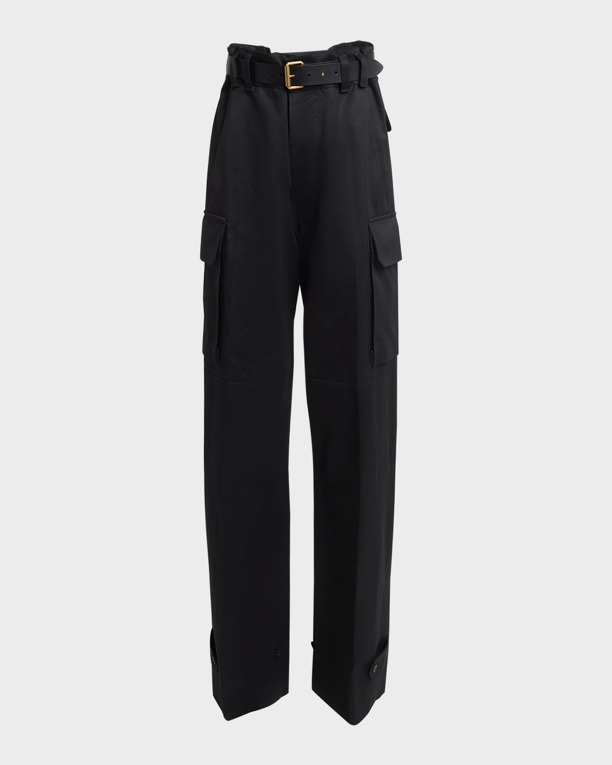 Saint Laurent High-rise Belted Straight-leg Satin Cargo Trousers In Nero