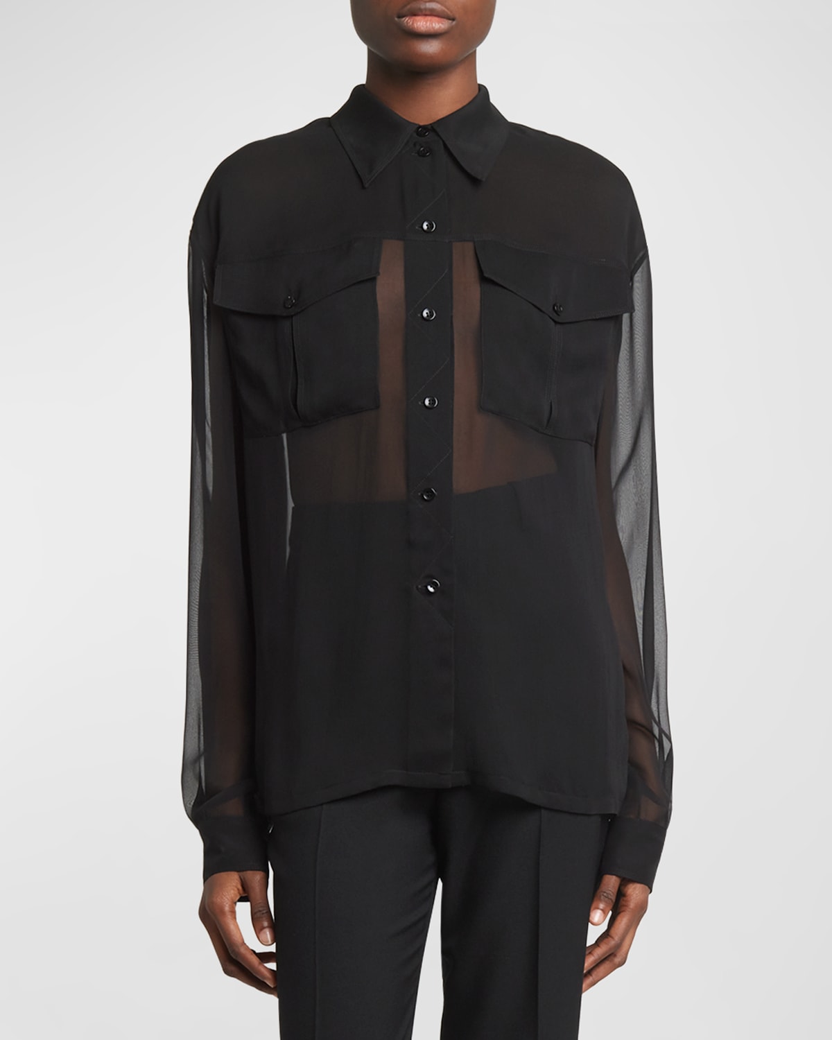 Shop Saint Laurent Silk Chiffon Collared Shirt In Nero