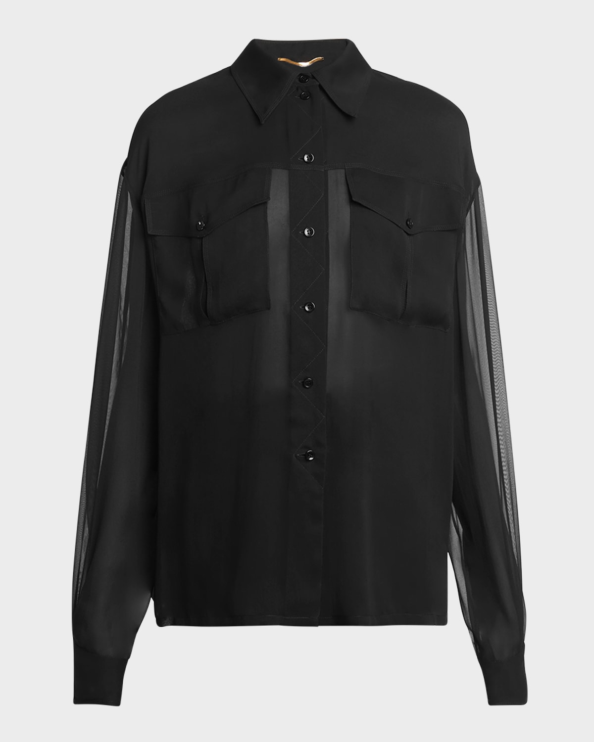 Saint Laurent Silk Chiffon Collared Shirt In Nero